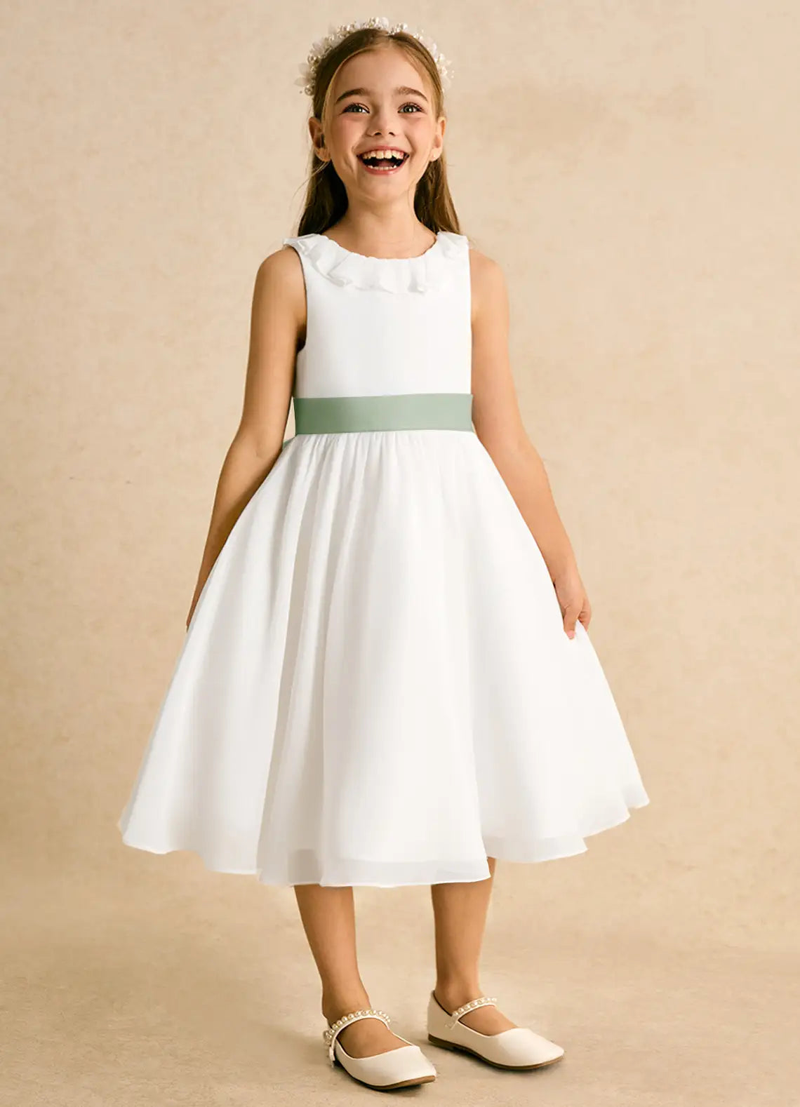 Sleeveless Ruffle Neck V Back Sage Sash Big Bow White Chiffon Knee-Length Flower Girl Dresses