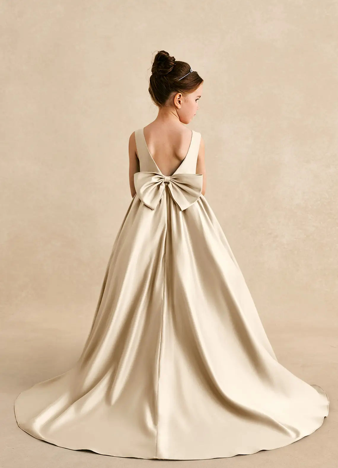 Sleeveless Scoop V-Back Giant Bow Champagne Satin Train Full Length Flower Girl Dresses