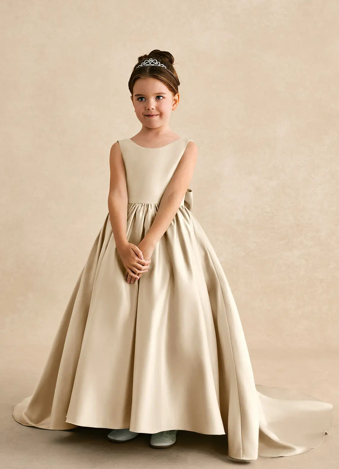Sleeveless Scoop V-Back Giant Bow Champagne Satin Train Full Length Flower Girl Dresses