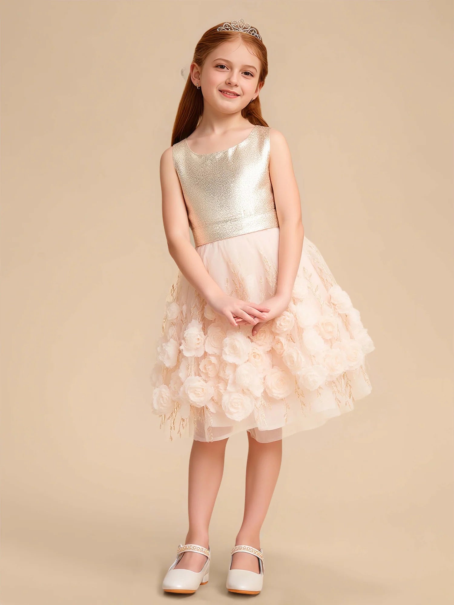 Sleeveless Shiny Gold Top 3D Floral Embroidery Champagne Tulle Knee Length Flower Girl Dresses