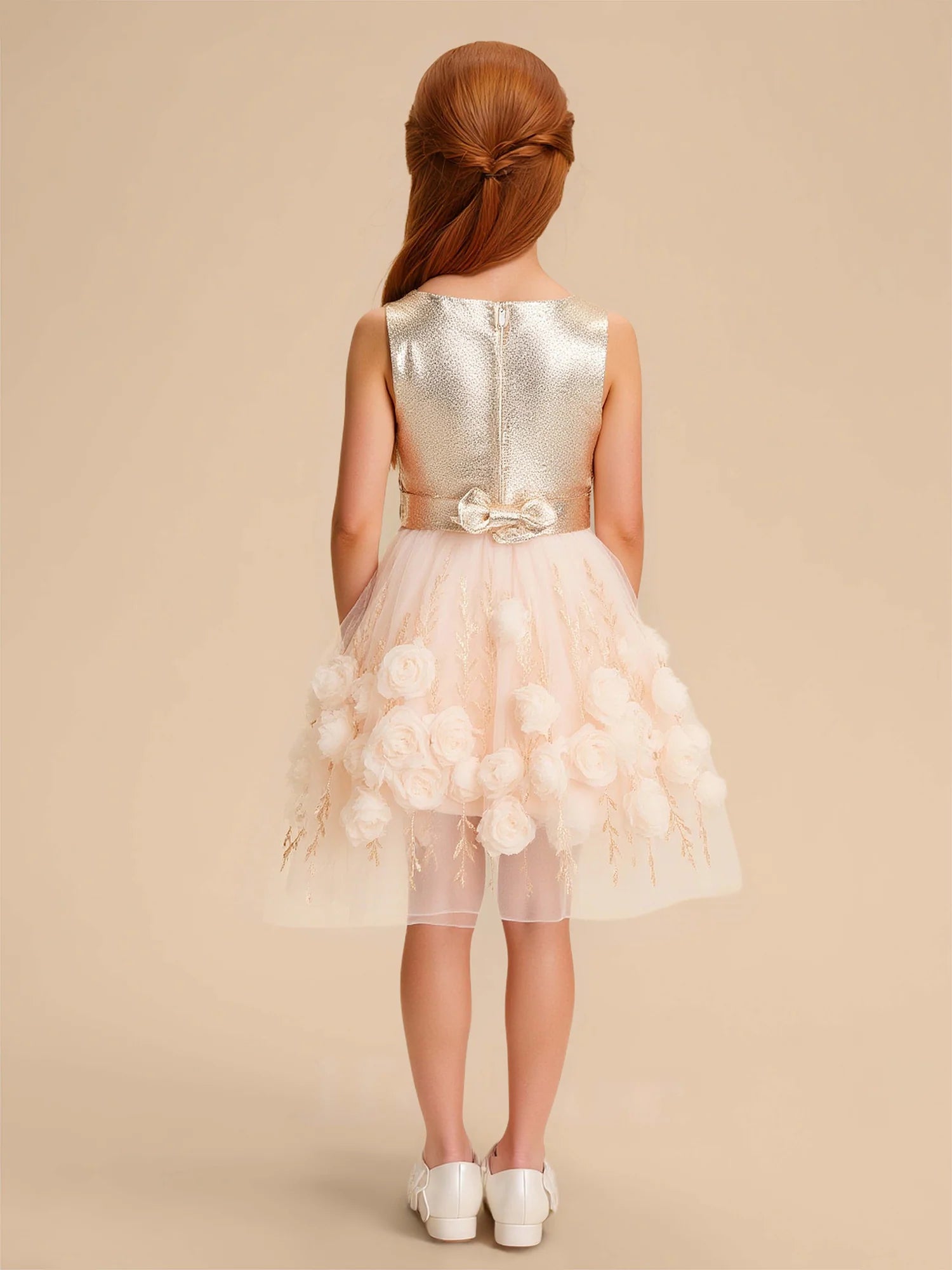 Sleeveless Shiny Gold Top 3D Floral Embroidery Champagne Tulle Knee Length Flower Girl Dresses