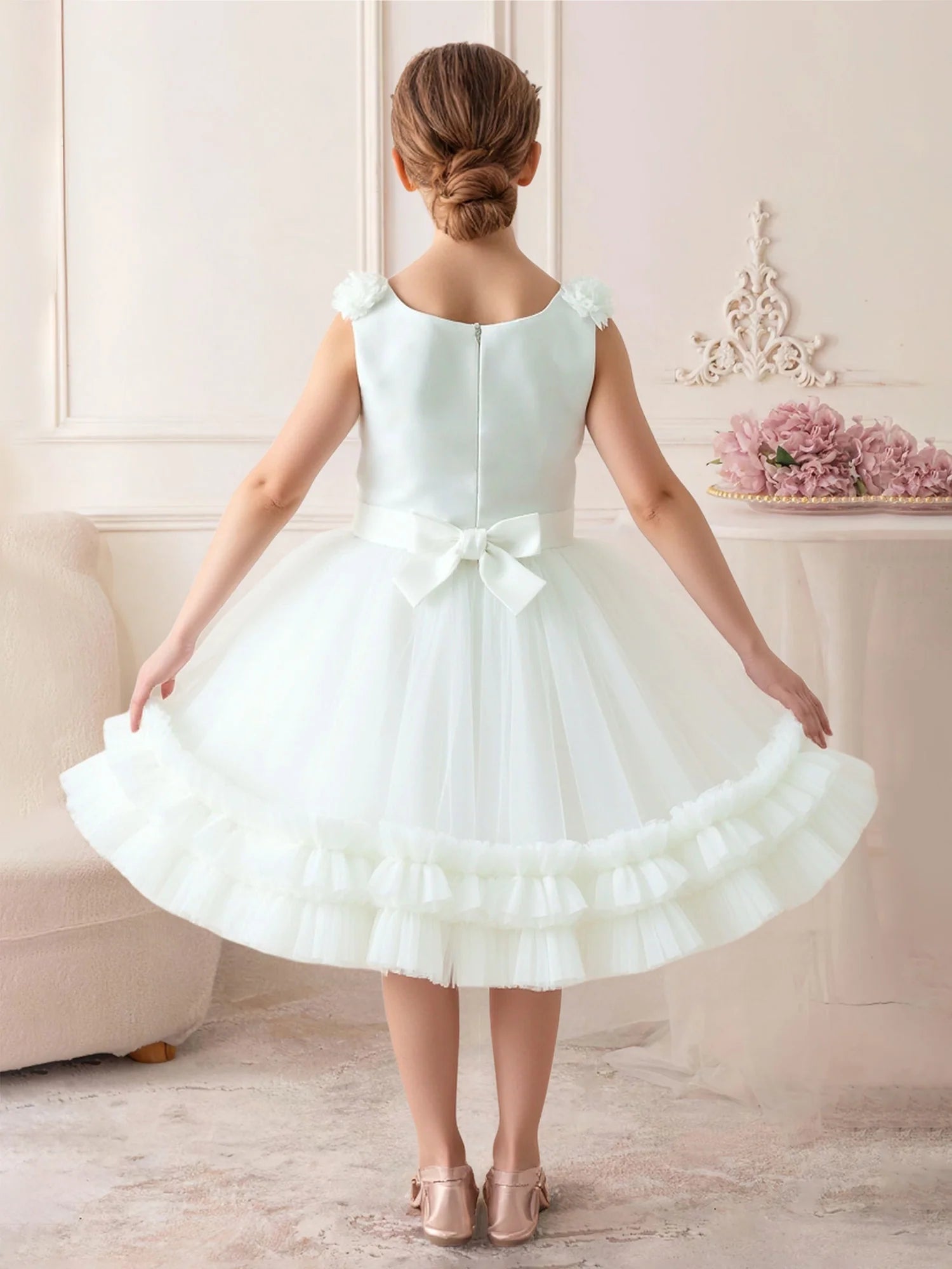 Sleeveless Spaghetti Strap 3D Floral Solid Back Large Satin Bow Double Ruffle Hem White Tulle Midi Flower Girl Dresses