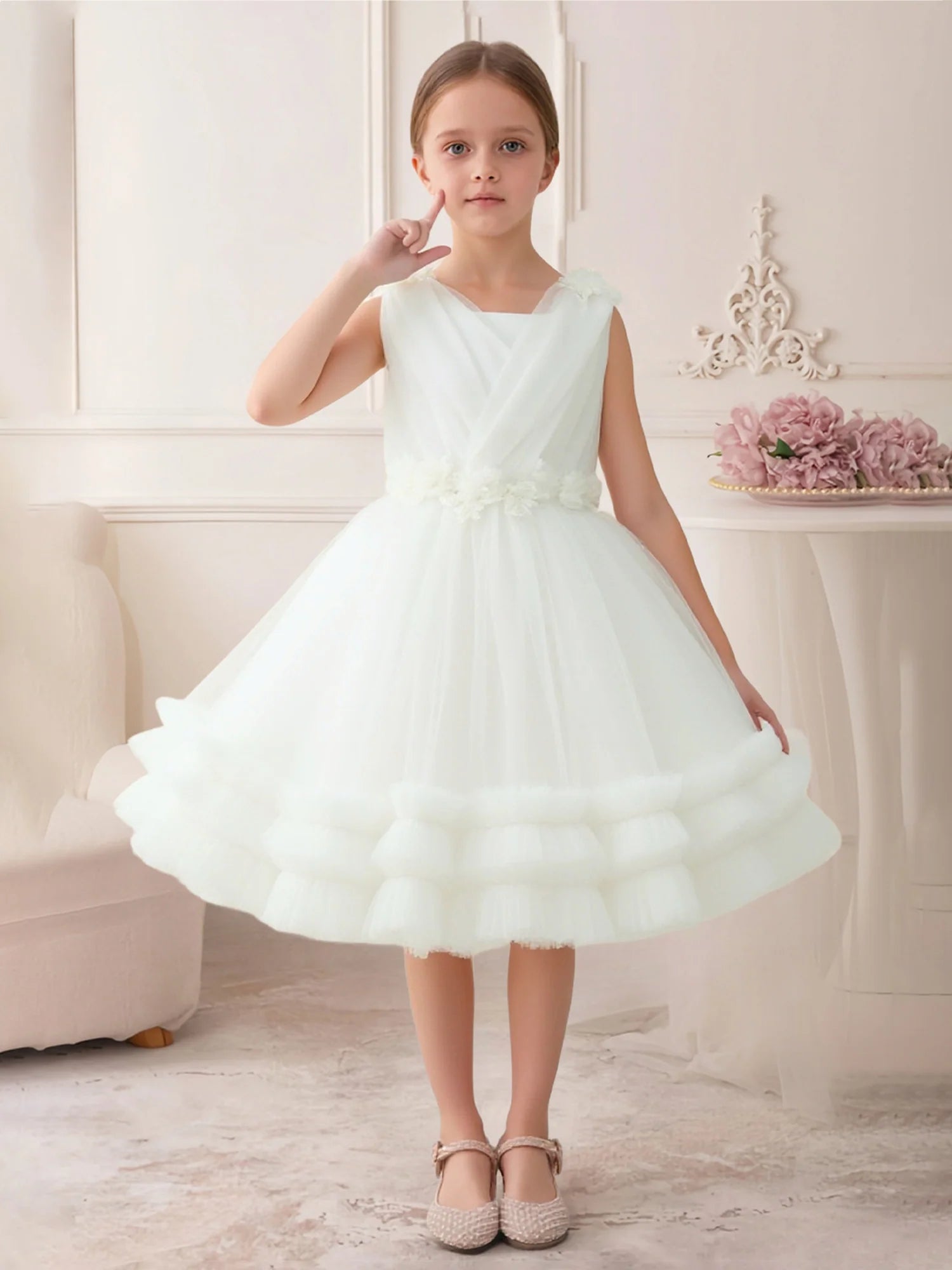 Sleeveless Spaghetti Strap 3D Floral Solid Back Large Satin Bow Double Ruffle Hem White Tulle Midi Flower Girl Dresses