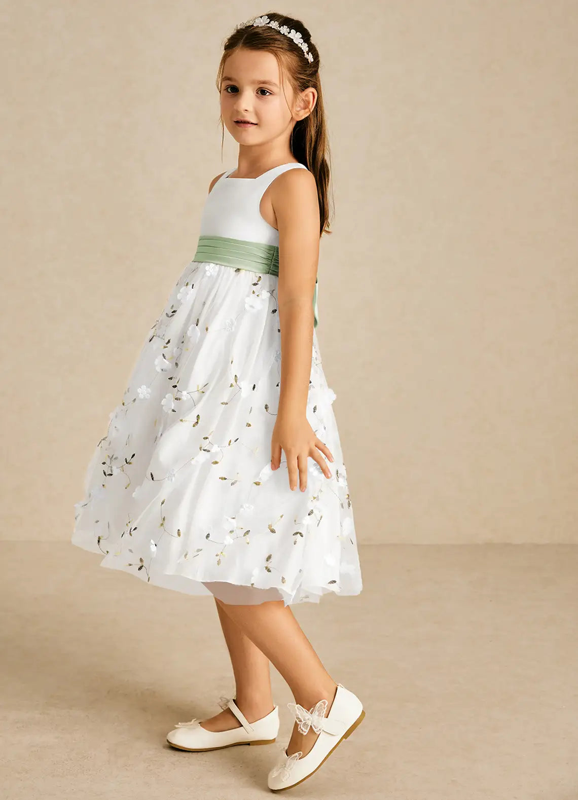 Sleeveless Square Back Giant Sage Green Sash 3D Floral White Tulle Knee-Length Flower Girl Dresses