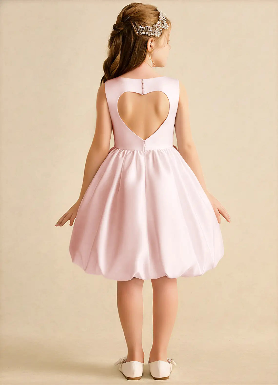 Sleeveless Square Neck Heart Cutout Back Pink Satin Bubble Knee-Length Flower Girl Dresses