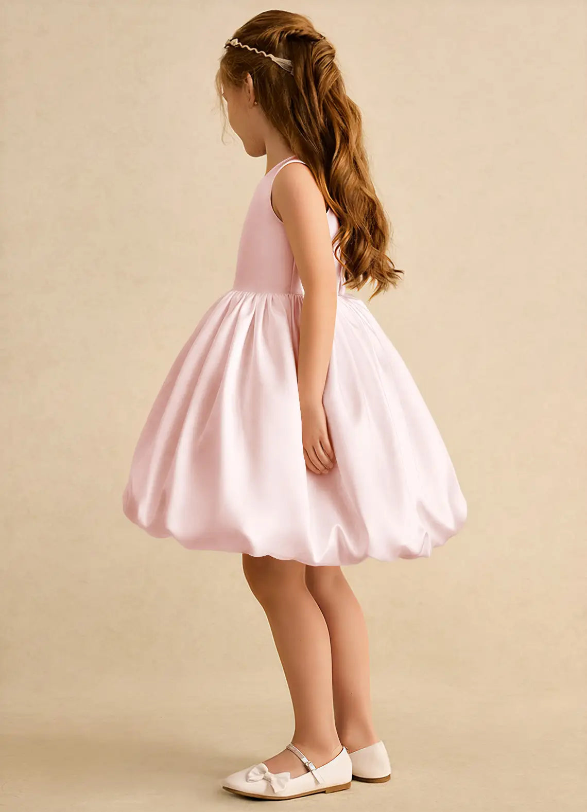 Sleeveless Square Neck Heart Cutout Back Pink Satin Bubble Knee-Length Flower Girl Dresses