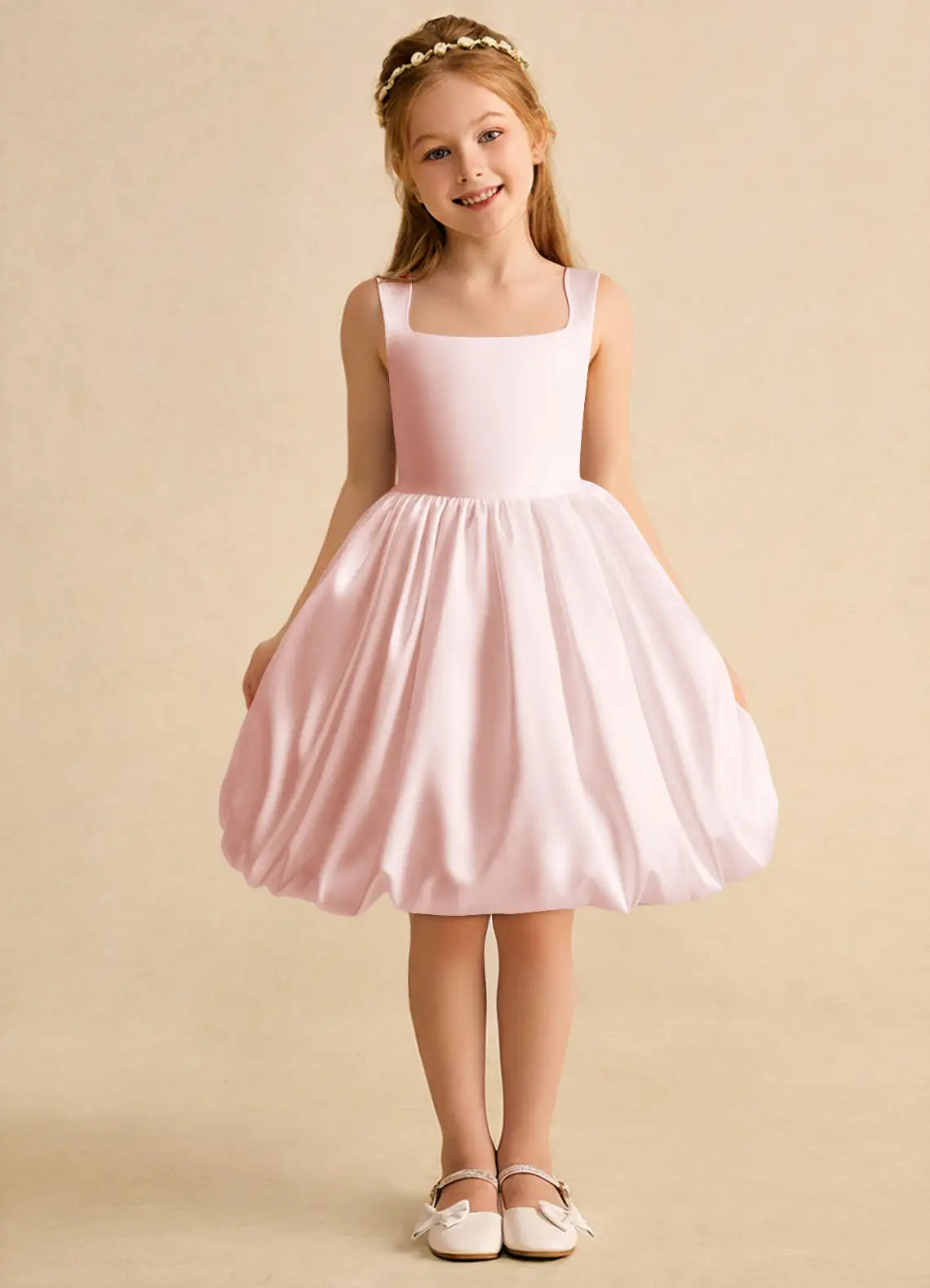 Sleeveless Square Neck Heart Cutout Back Pink Satin Bubble Knee-Length Flower Girl Dresses