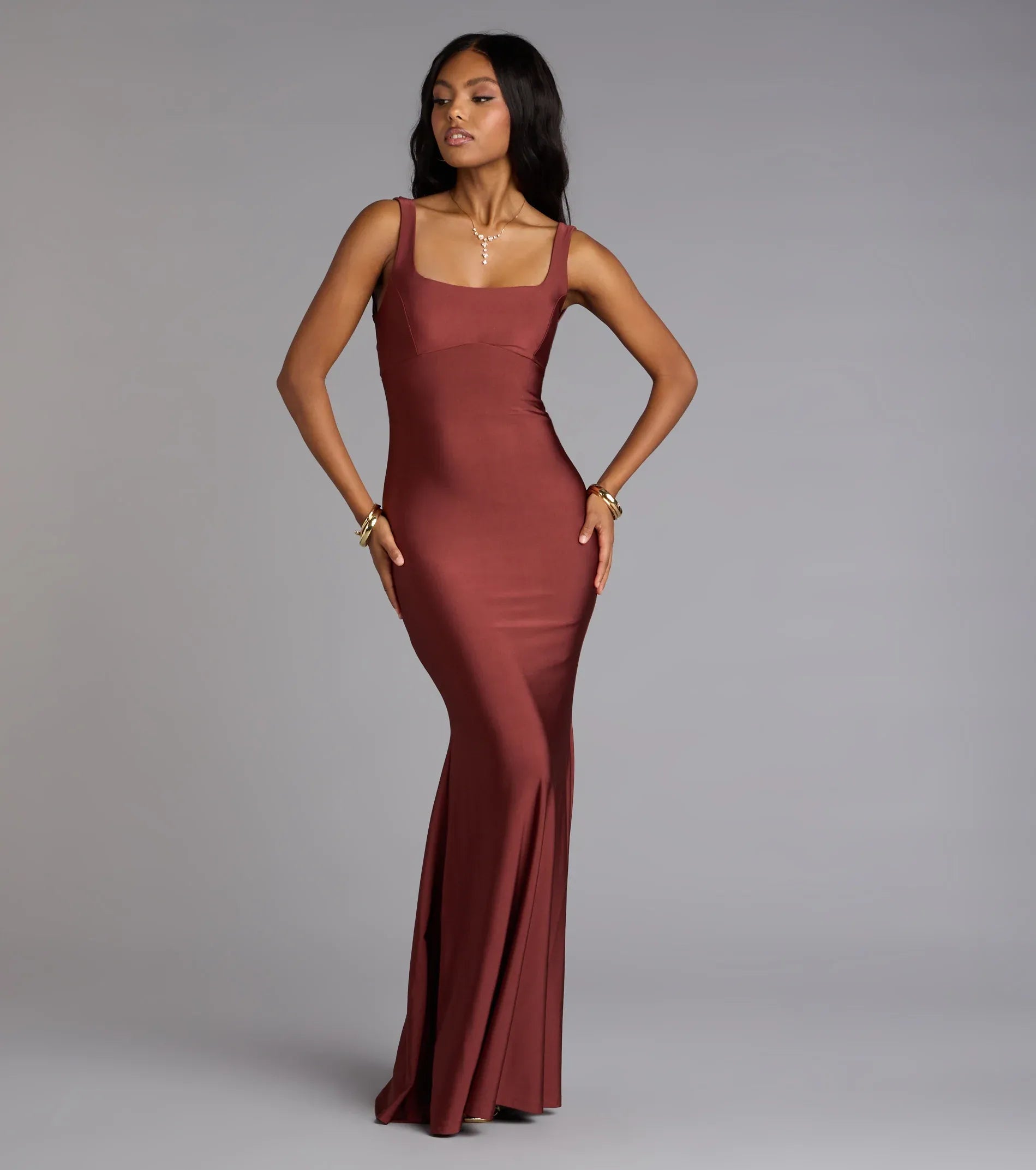 Sleeveless Square Neck Lace-Up Back Ruched Satin Mermaid Maxi Wedding Guest Dress