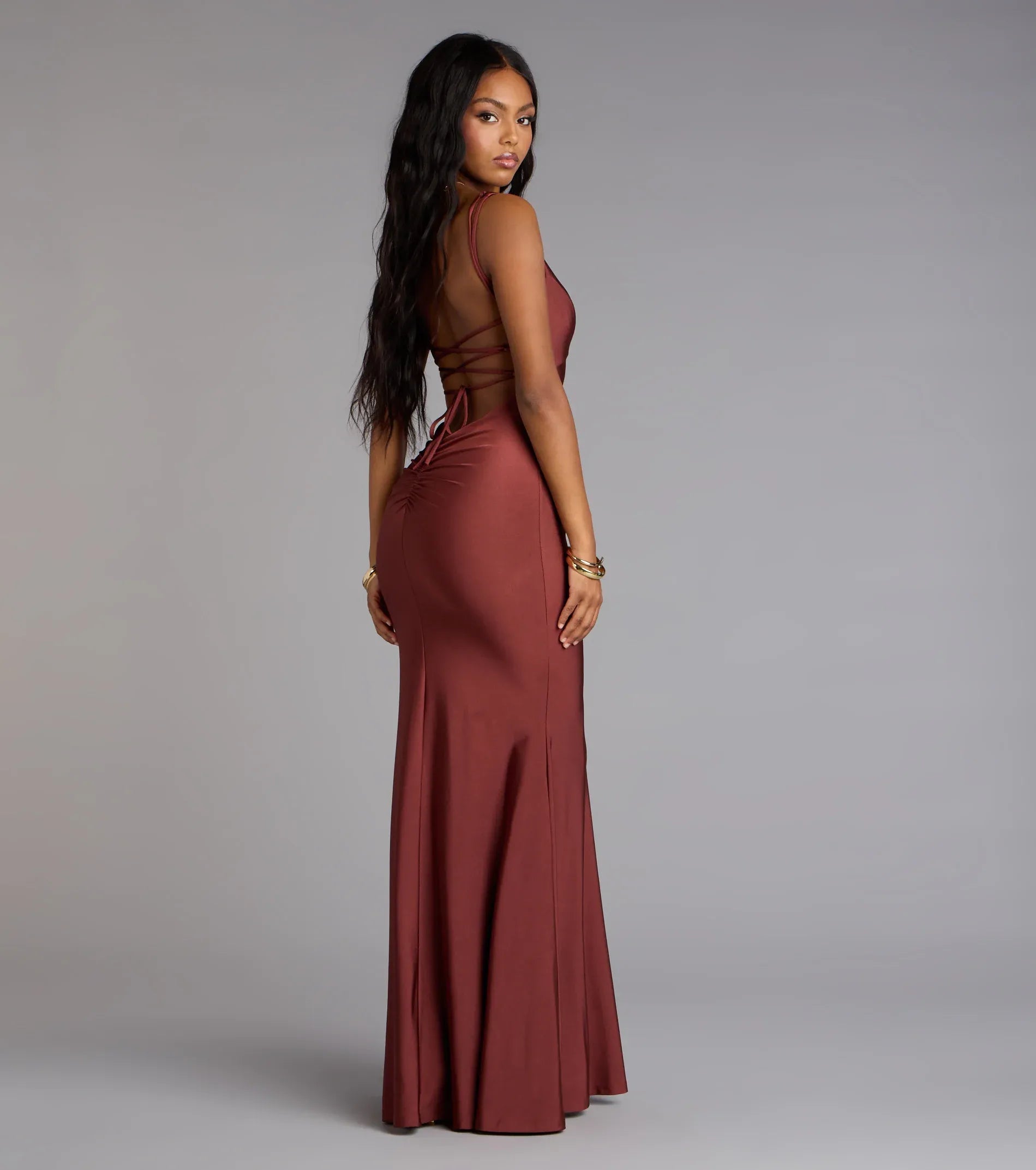 Sleeveless Square Neck Lace-Up Back Ruched Satin Mermaid Maxi Wedding Guest Dress