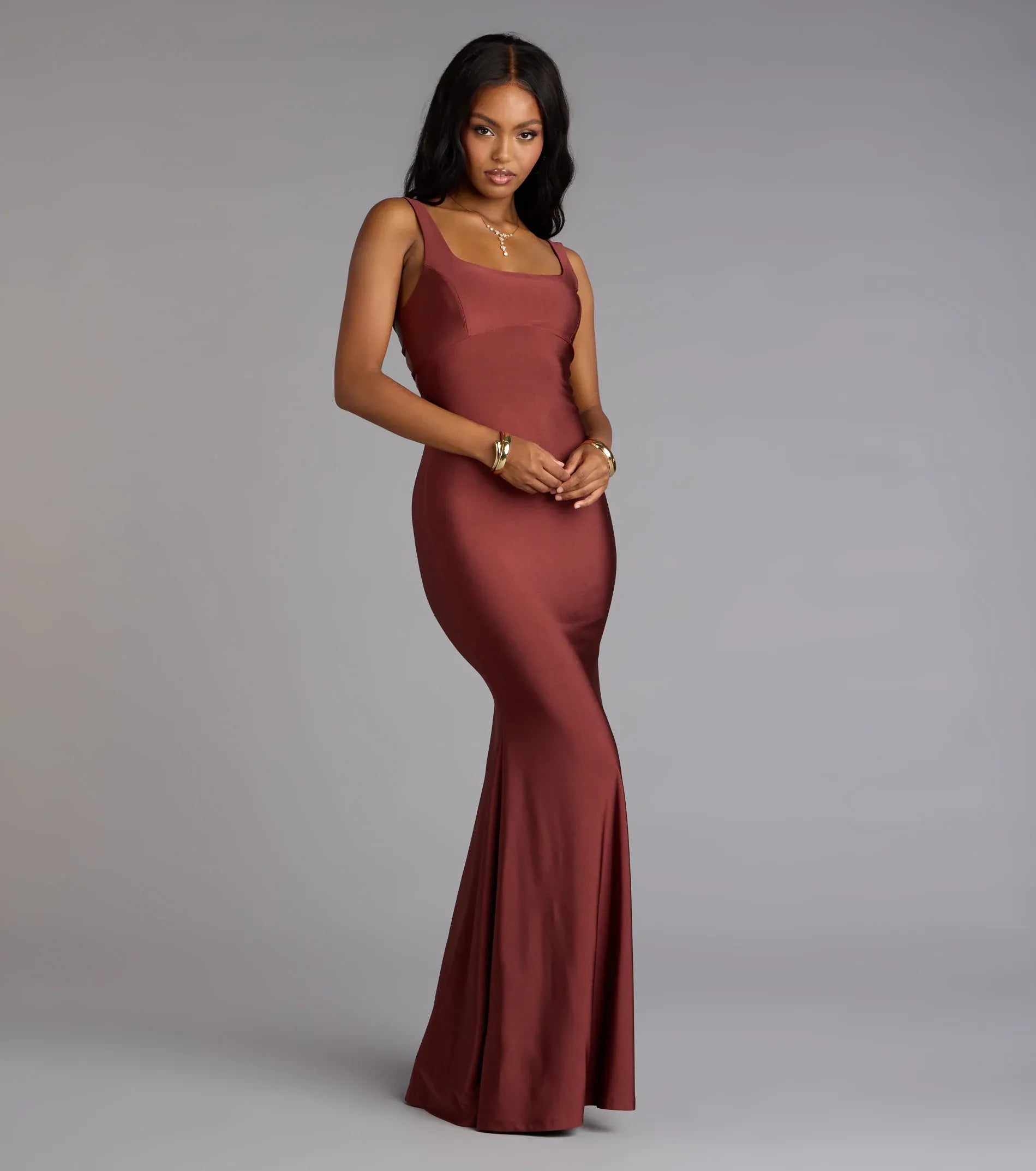 Sleeveless Square Neck Lace-Up Back Ruched Satin Mermaid Maxi Wedding Guest Dress