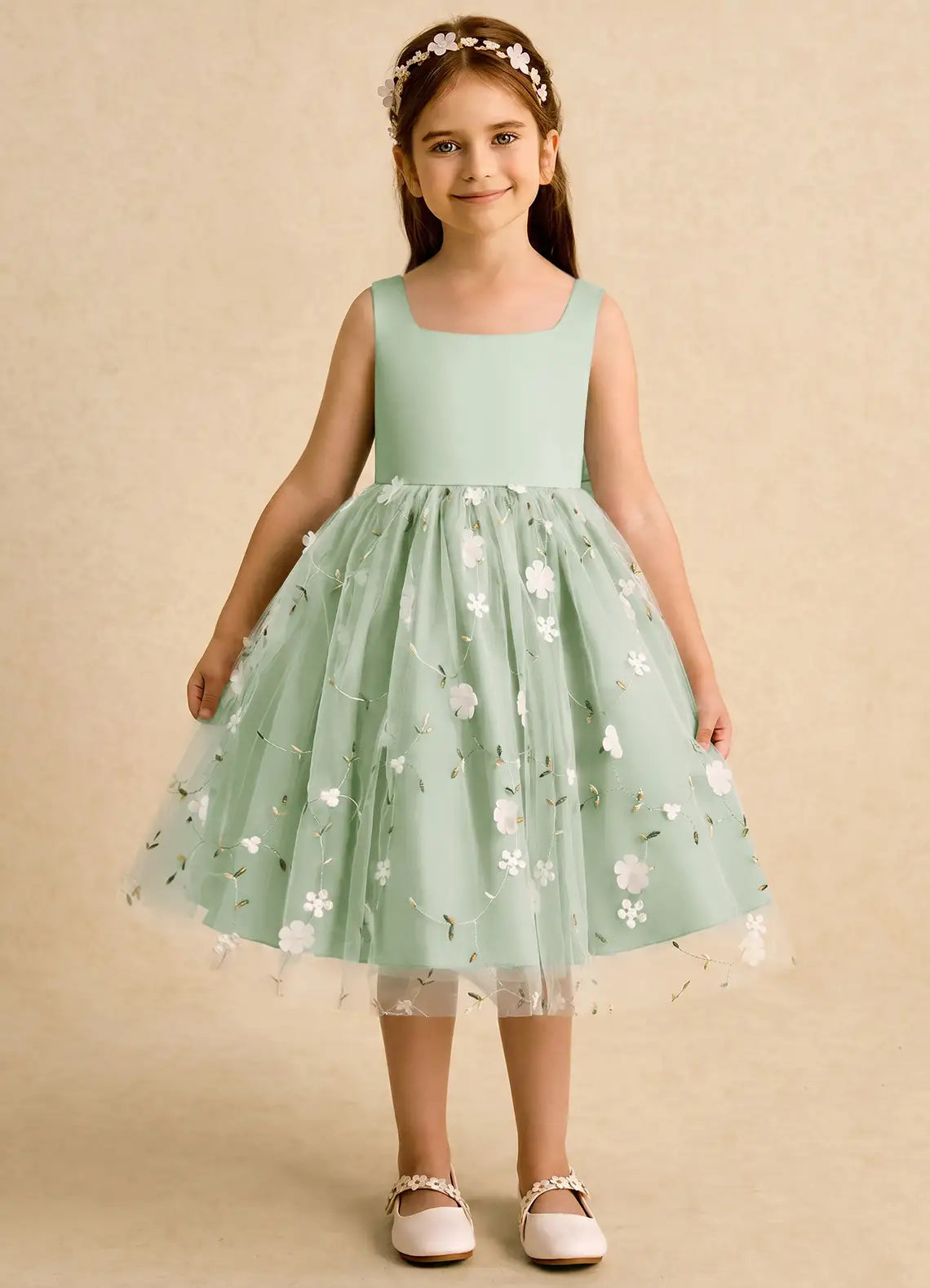 Sleeveless Square Neck Low Back Big Bow 3D Floral Sage Green Tulle Knee-Length Flower Girl Dresses