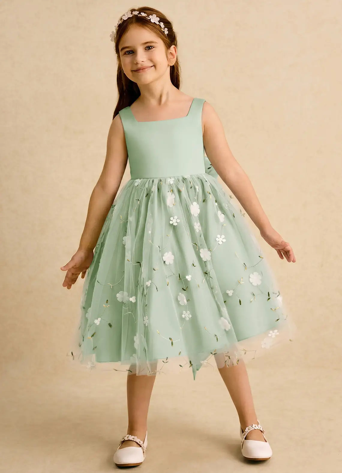 Sleeveless Square Neck Low Back Big Bow 3D Floral Sage Green Tulle Knee-Length Flower Girl Dresses