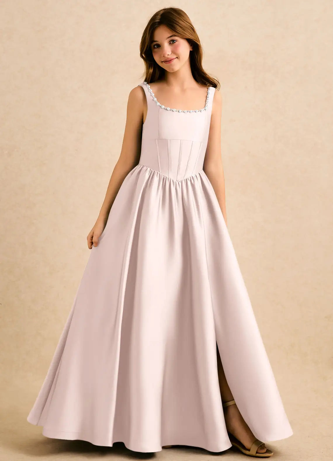 Sleeveless Square Neck Pearl Trim Corset Bodice Slit Blush Satin Full-Length Junior Bridesmaid Dresses