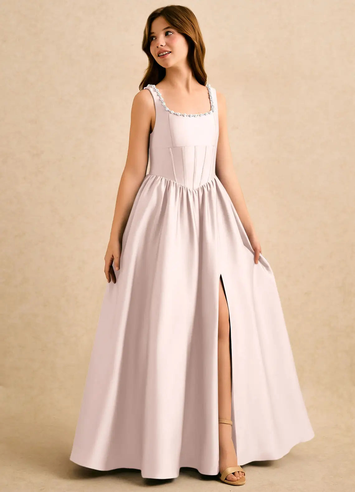 Sleeveless Square Neck Pearl Trim Corset Bodice Slit Blush Satin Full-Length Junior Bridesmaid Dresses