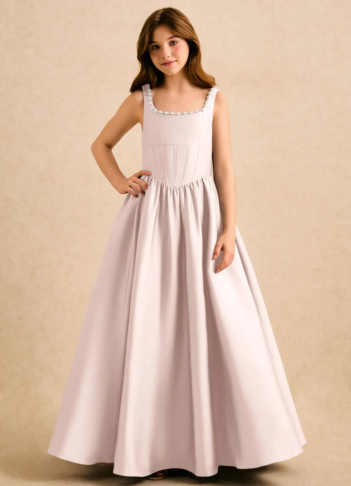 Sleeveless Square Neck Pearl Trim Corset Bodice Slit Blush Satin Full-Length Junior Bridesmaid Dresses