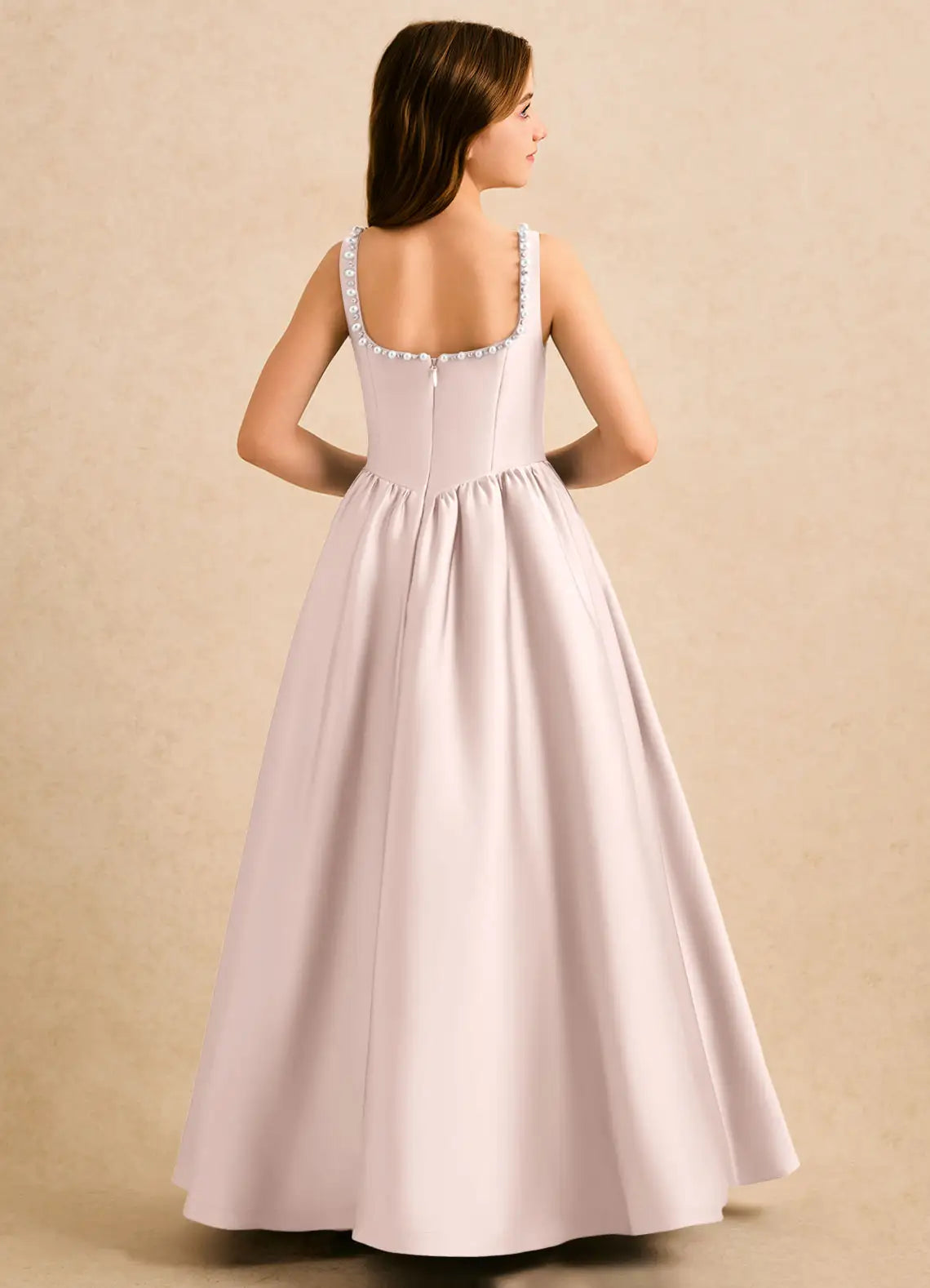 Sleeveless Square Neck Pearl Trim Corset Bodice Slit Blush Satin Full-Length Junior Bridesmaid Dresses