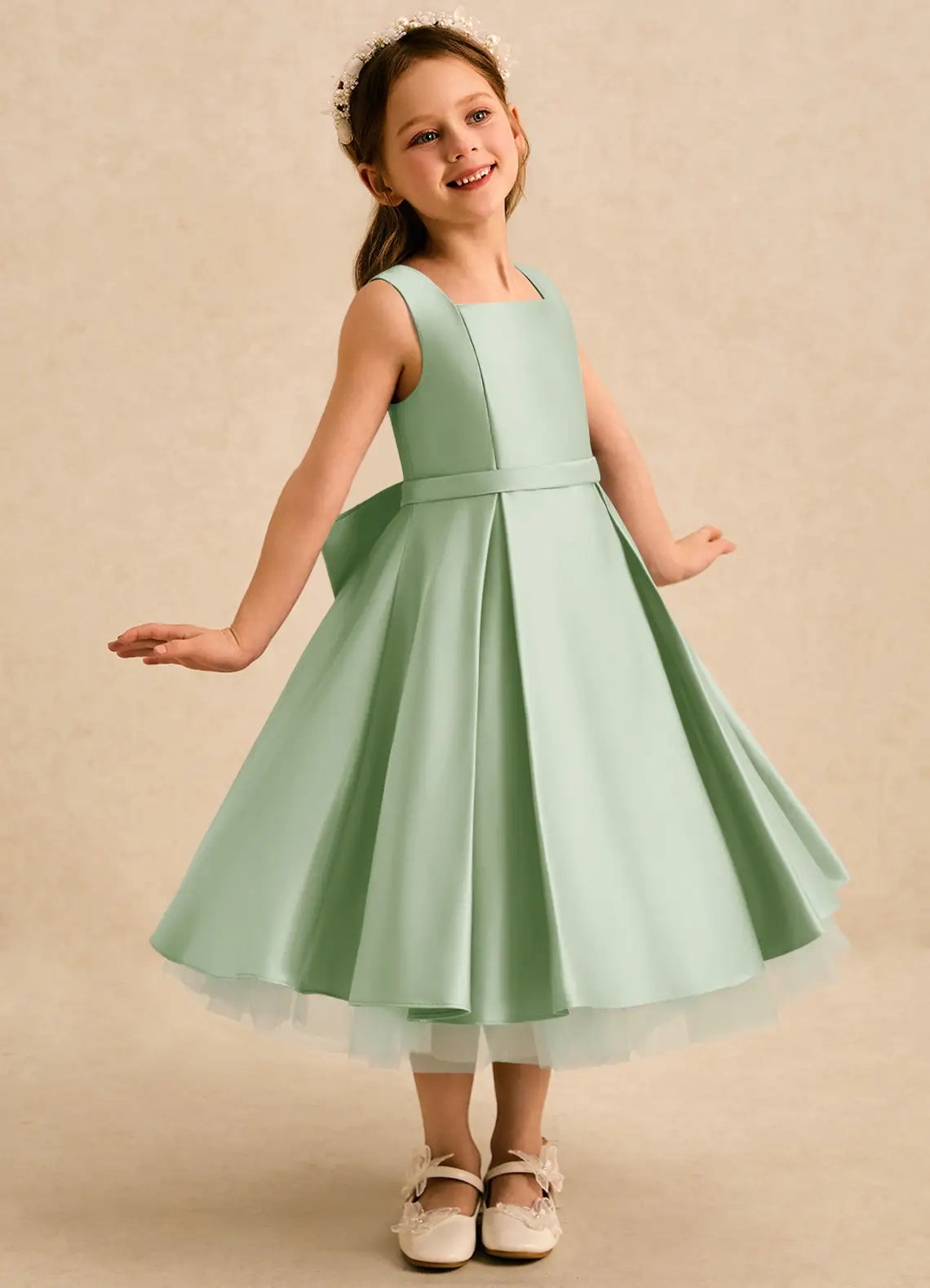 Sleeveless Square Neck Sage Green Satin Midi Length Flower Girl Dresses with Back Bow