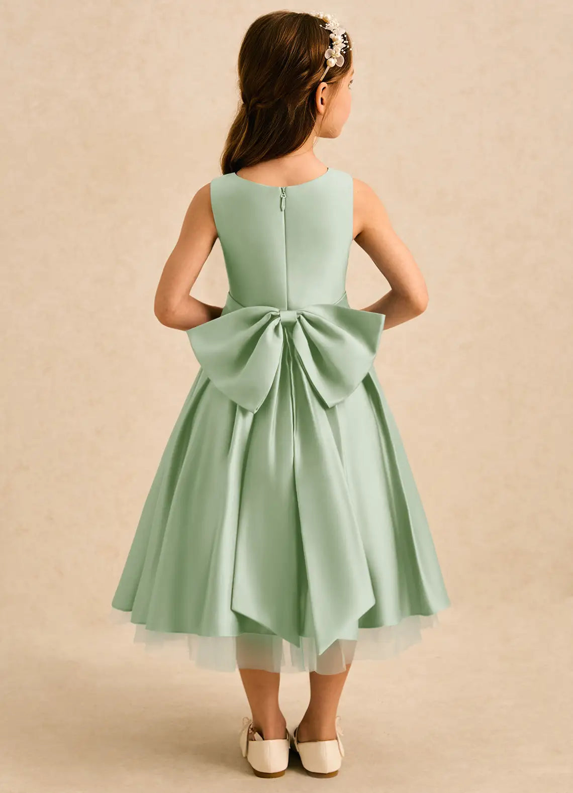 Sleeveless Square Neck Sage Green Satin Midi Length Flower Girl Dresses with Back Bow