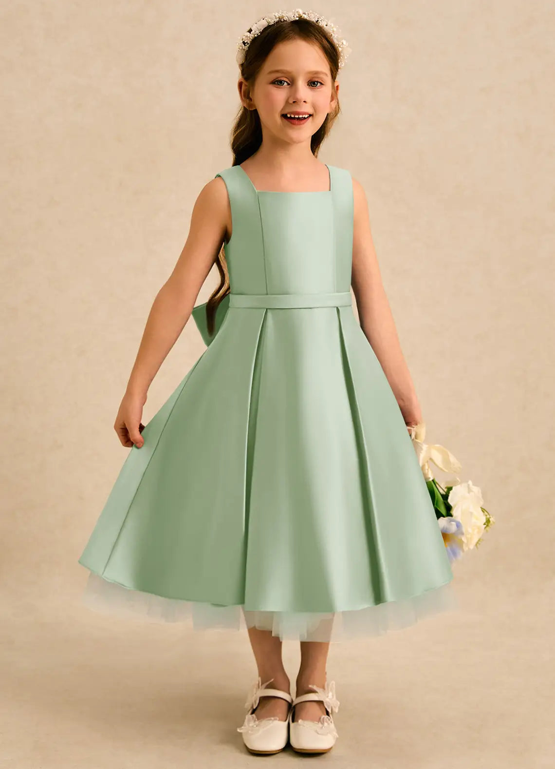 Sleeveless Square Neck Sage Green Satin Midi Length Flower Girl Dresses with Back Bow