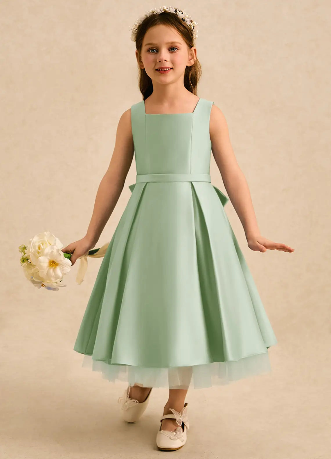 Sleeveless Square Neck Sage Green Satin Midi Length Flower Girl Dresses with Back Bow