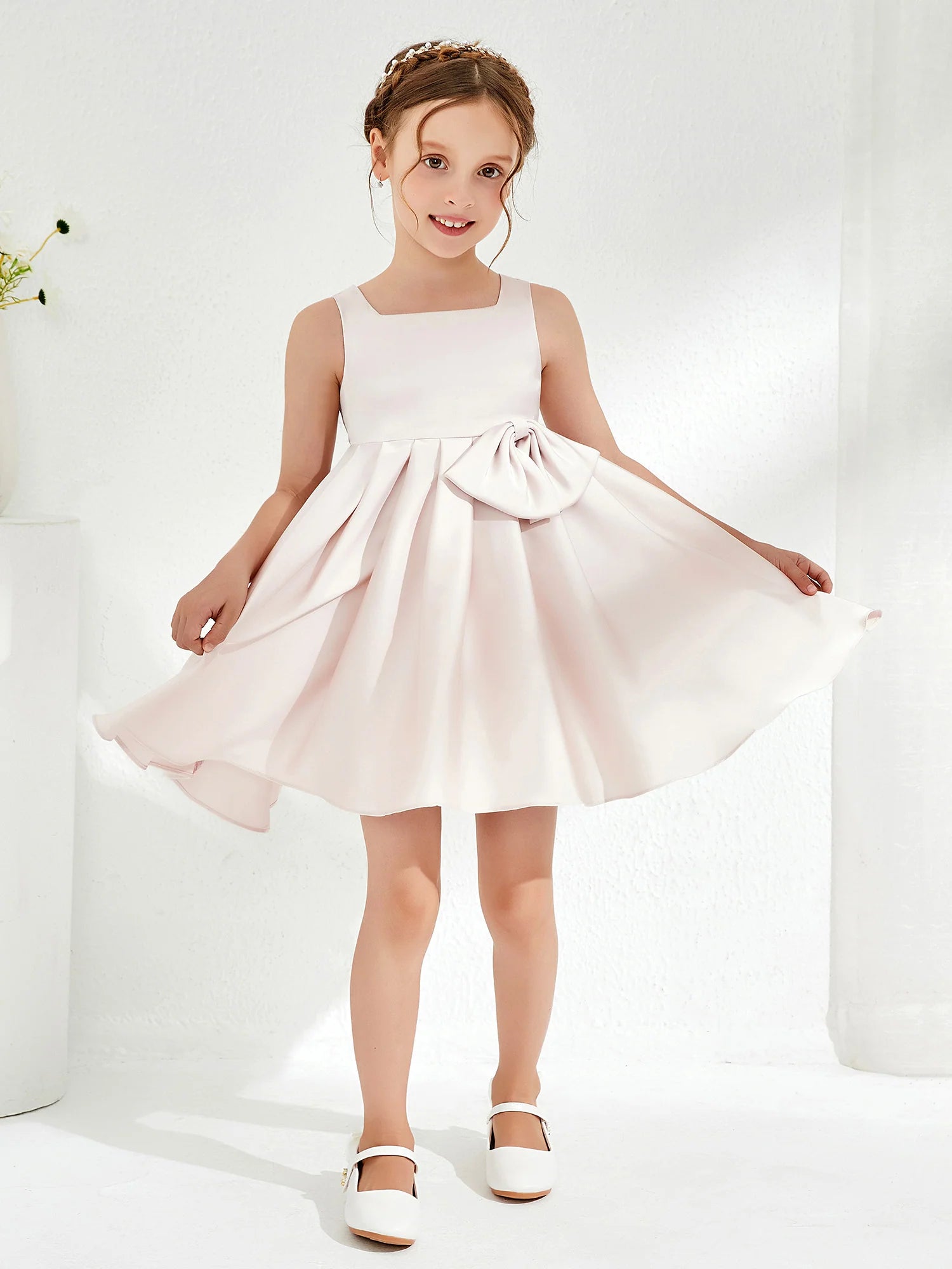 Sleeveless Square Neck Side Big Bow Blush Satin Knee Swing Flower Girl Dresses