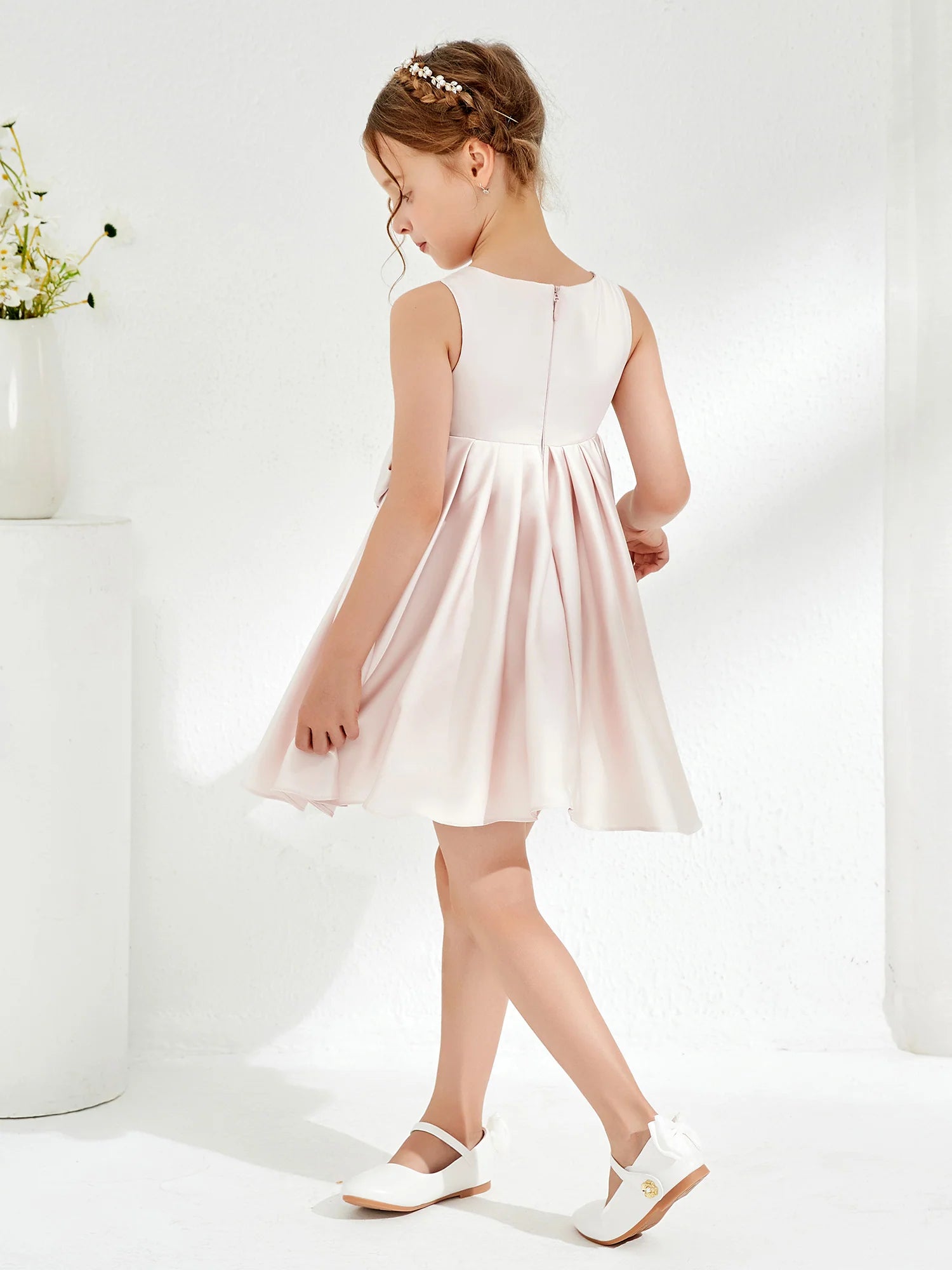Sleeveless Square Neck Side Big Bow Blush Satin Knee Swing Flower Girl Dresses