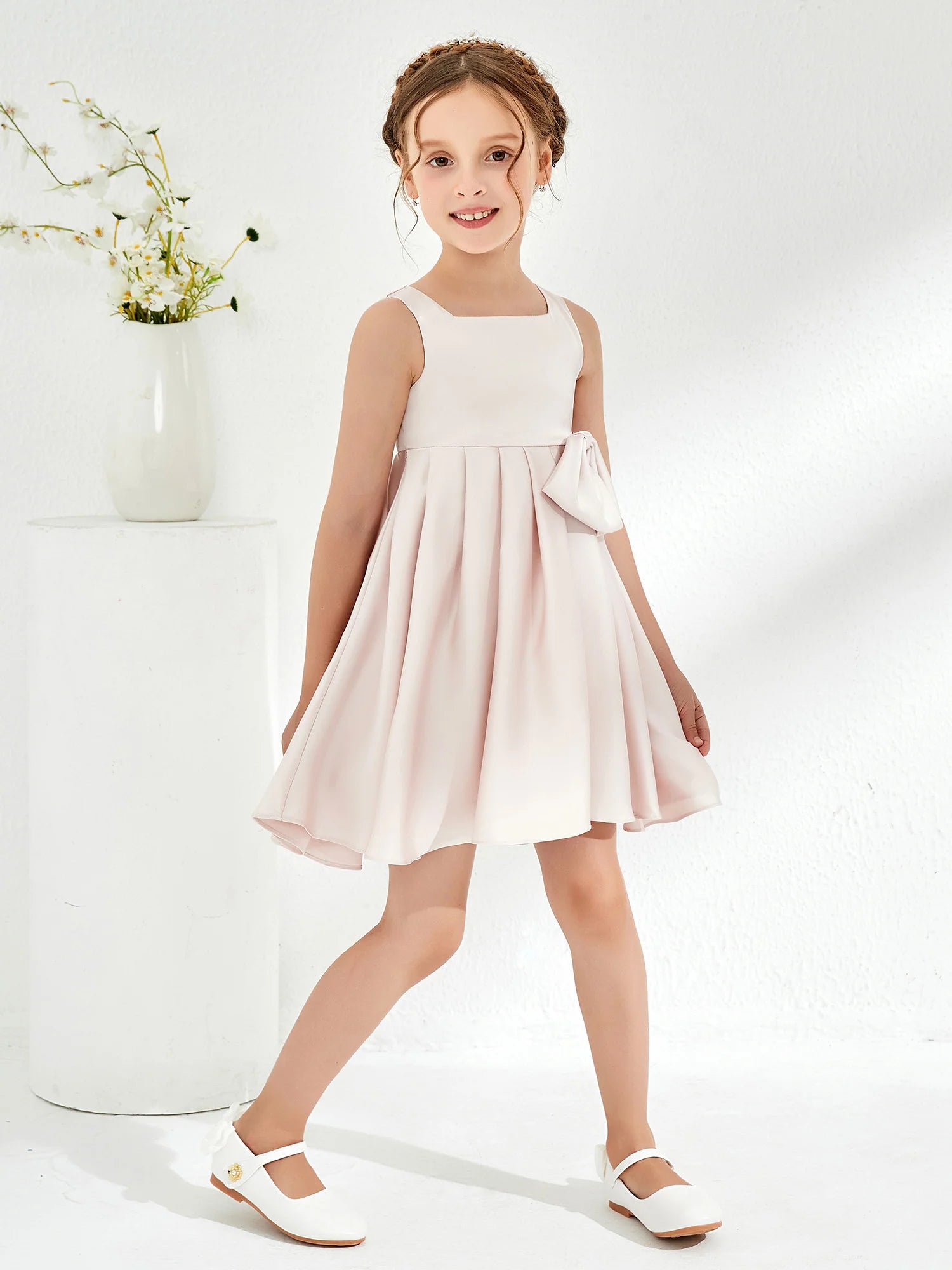 Sleeveless Square Neck Side Big Bow Blush Satin Knee Swing Flower Girl Dresses