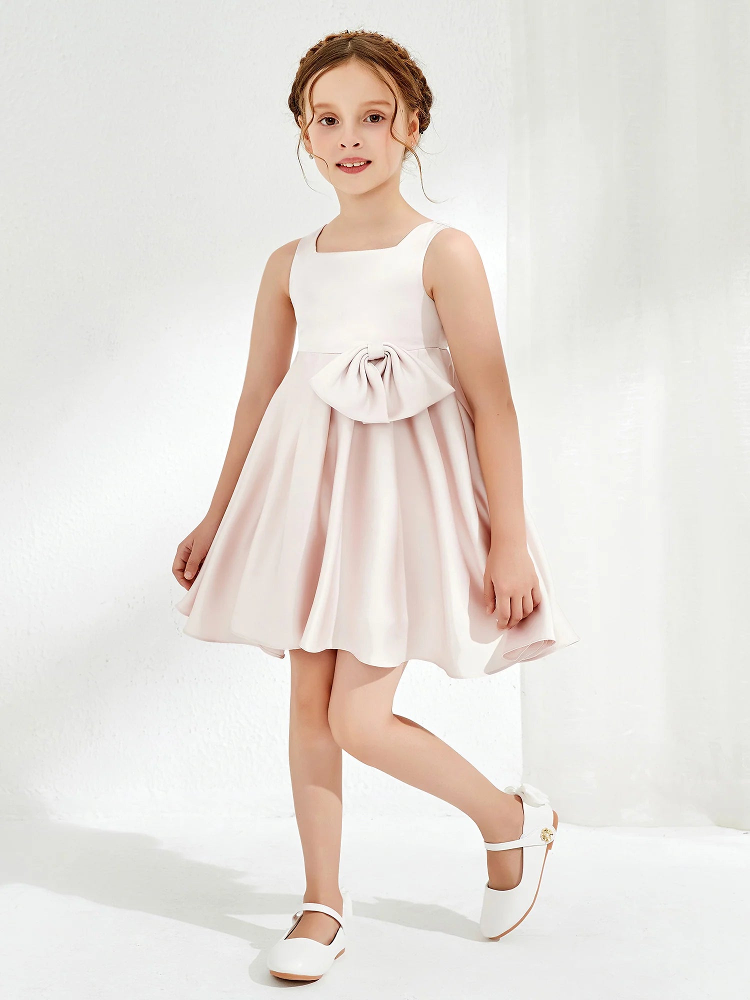 Sleeveless Square Neck Side Big Bow Blush Satin Knee Swing Flower Girl Dresses