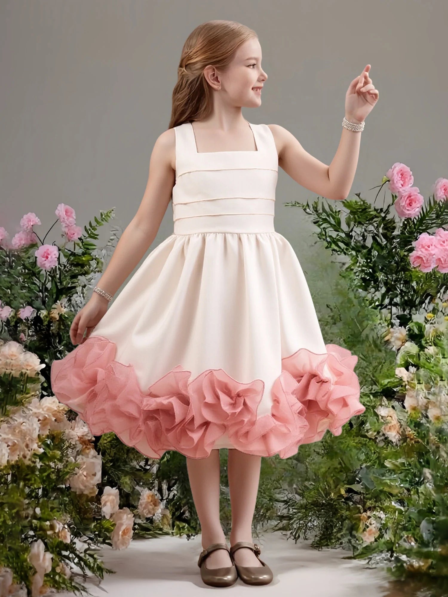 Sleeveless Square Neck Solid Back Pink Ruffle Hem Ivory Satin Short Flower Girl Dresses