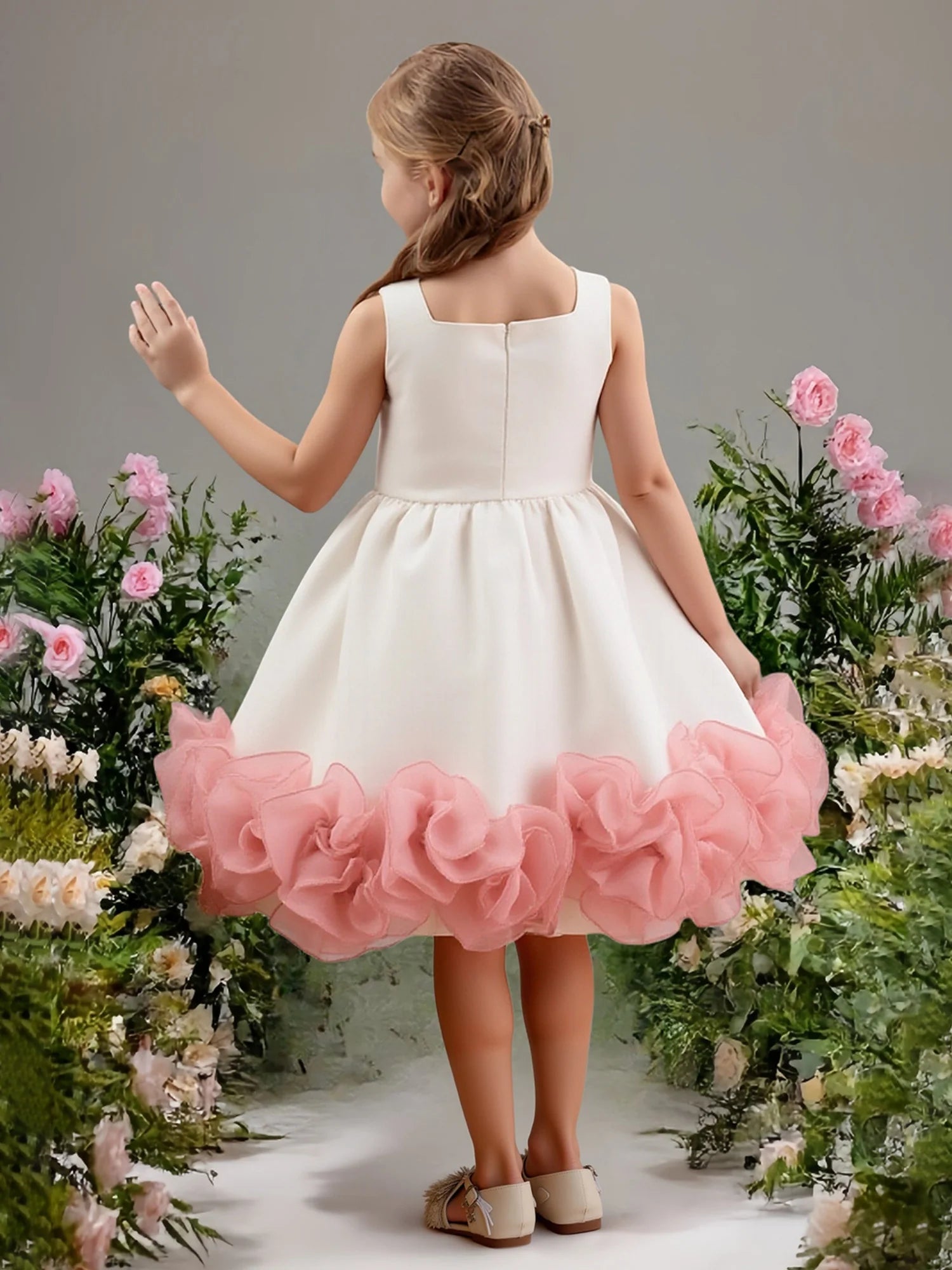 Sleeveless Square Neck Solid Back Pink Ruffle Hem Ivory Satin Short Flower Girl Dresses