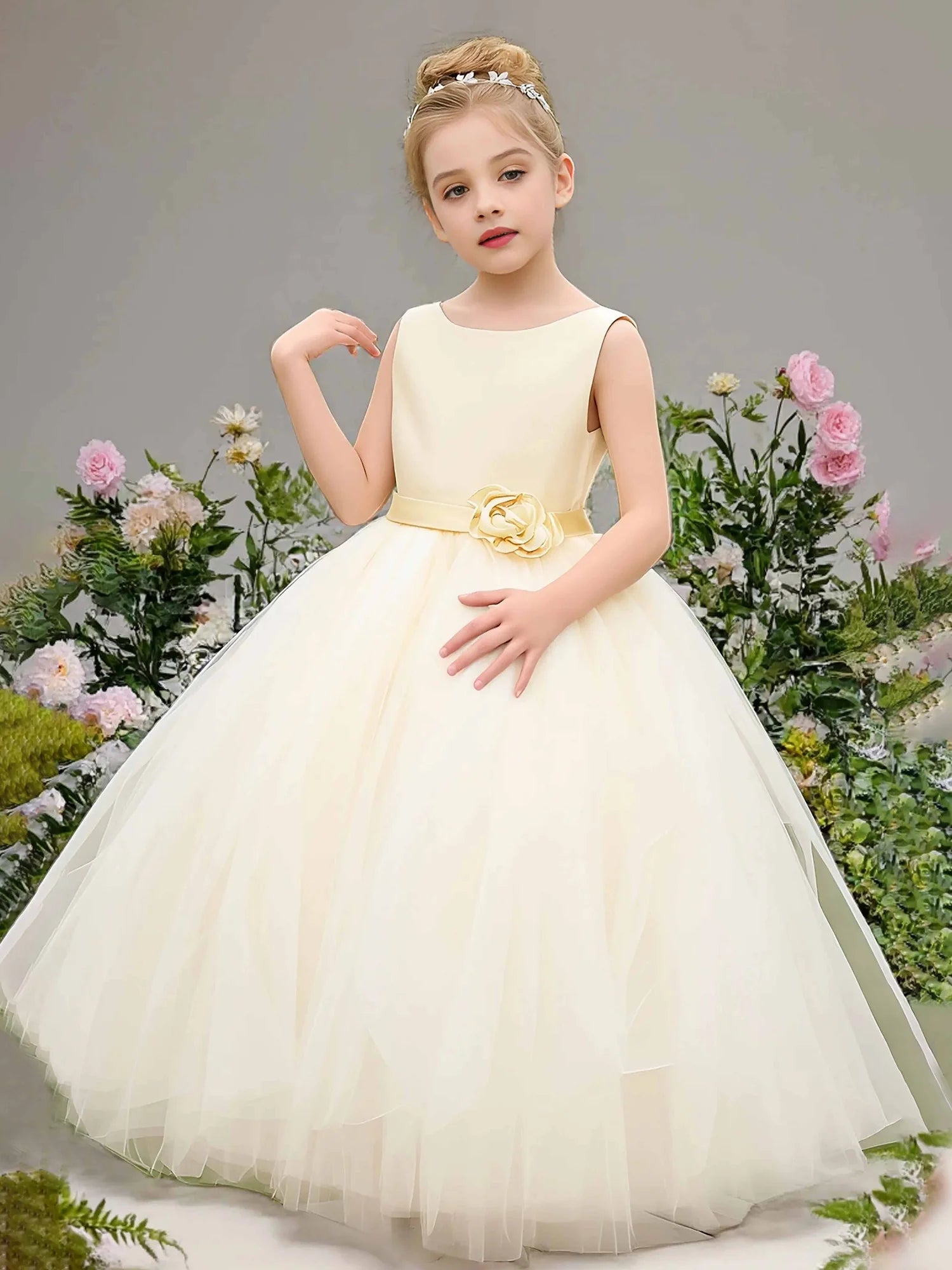 Sleeveless Square Scoop Low Ruffle Back 3D Rose Sash Cream Tulle Floor Length Flower Girl Dresses