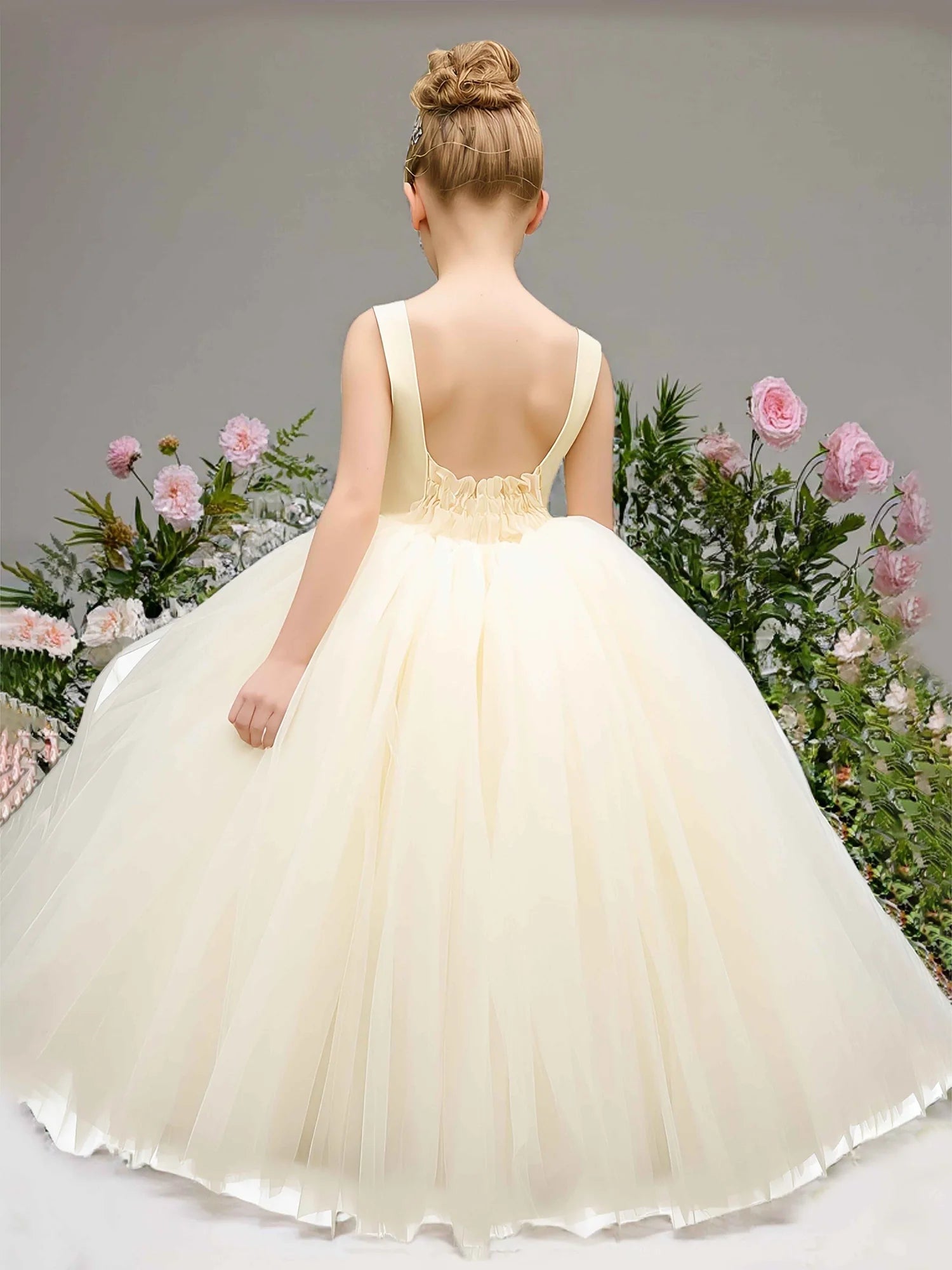 Sleeveless Square Scoop Low Ruffle Back 3D Rose Sash Cream Tulle Floor Length Flower Girl Dresses