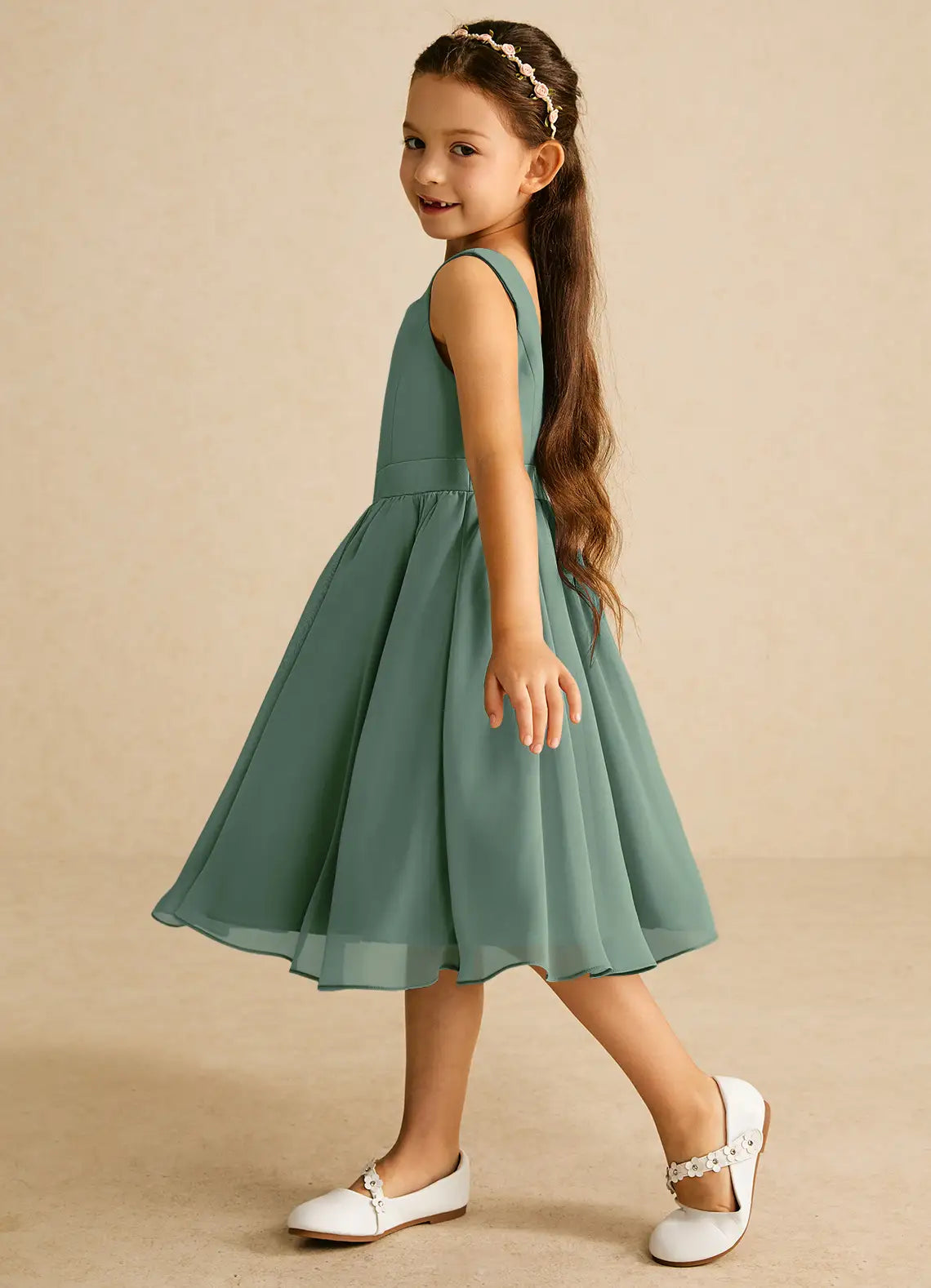 Sleeveless Square U-Back Solid Dusty Sage Chiffon Midi Flower Girl Dresses