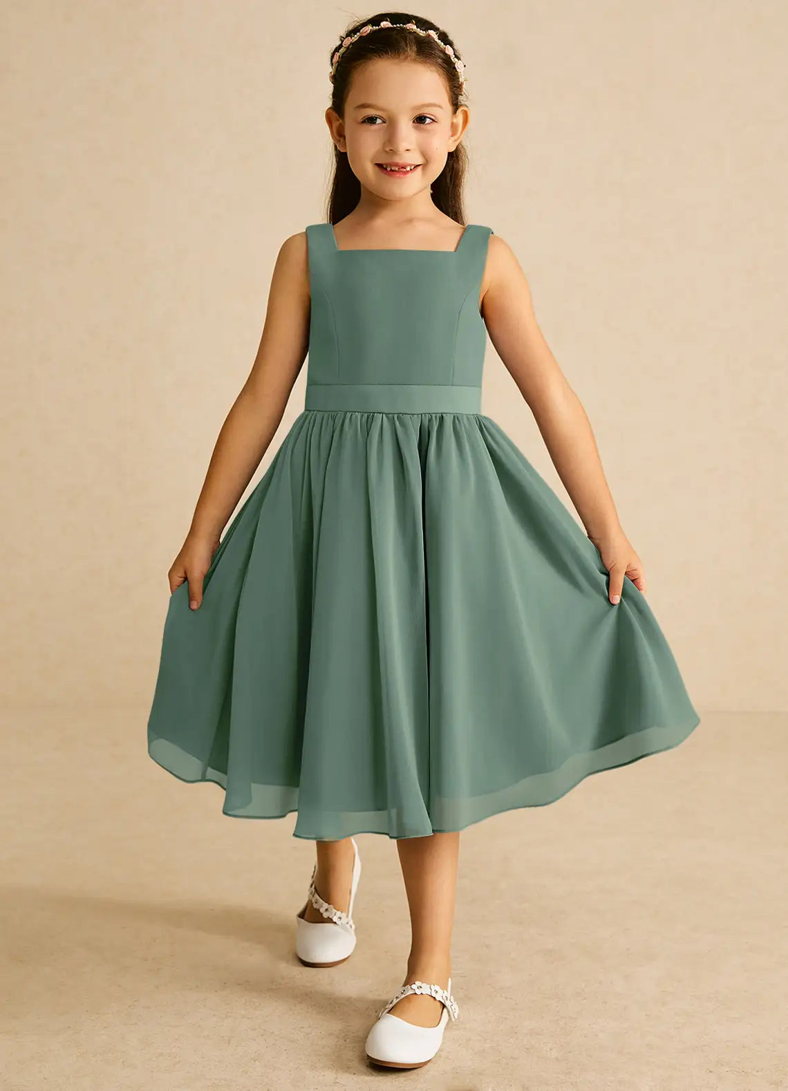 Sleeveless Square U-Back Solid Dusty Sage Chiffon Midi Flower Girl Dresses