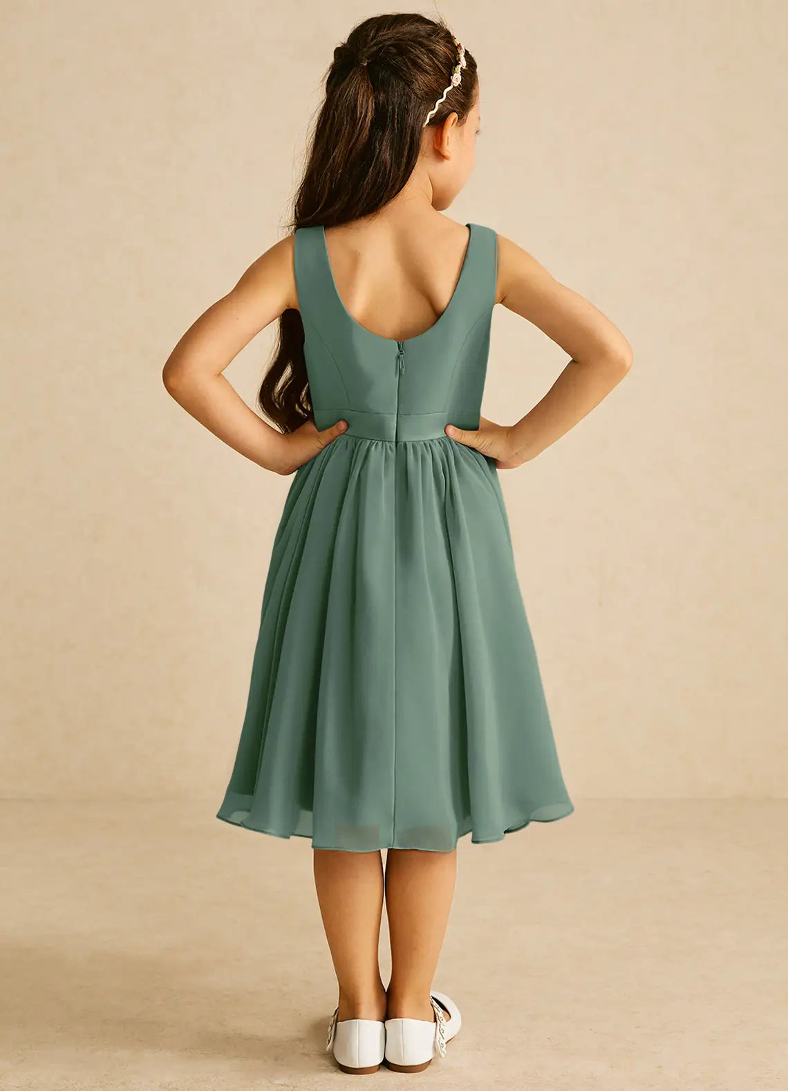 Sleeveless Square U-Back Solid Dusty Sage Chiffon Midi Flower Girl Dresses