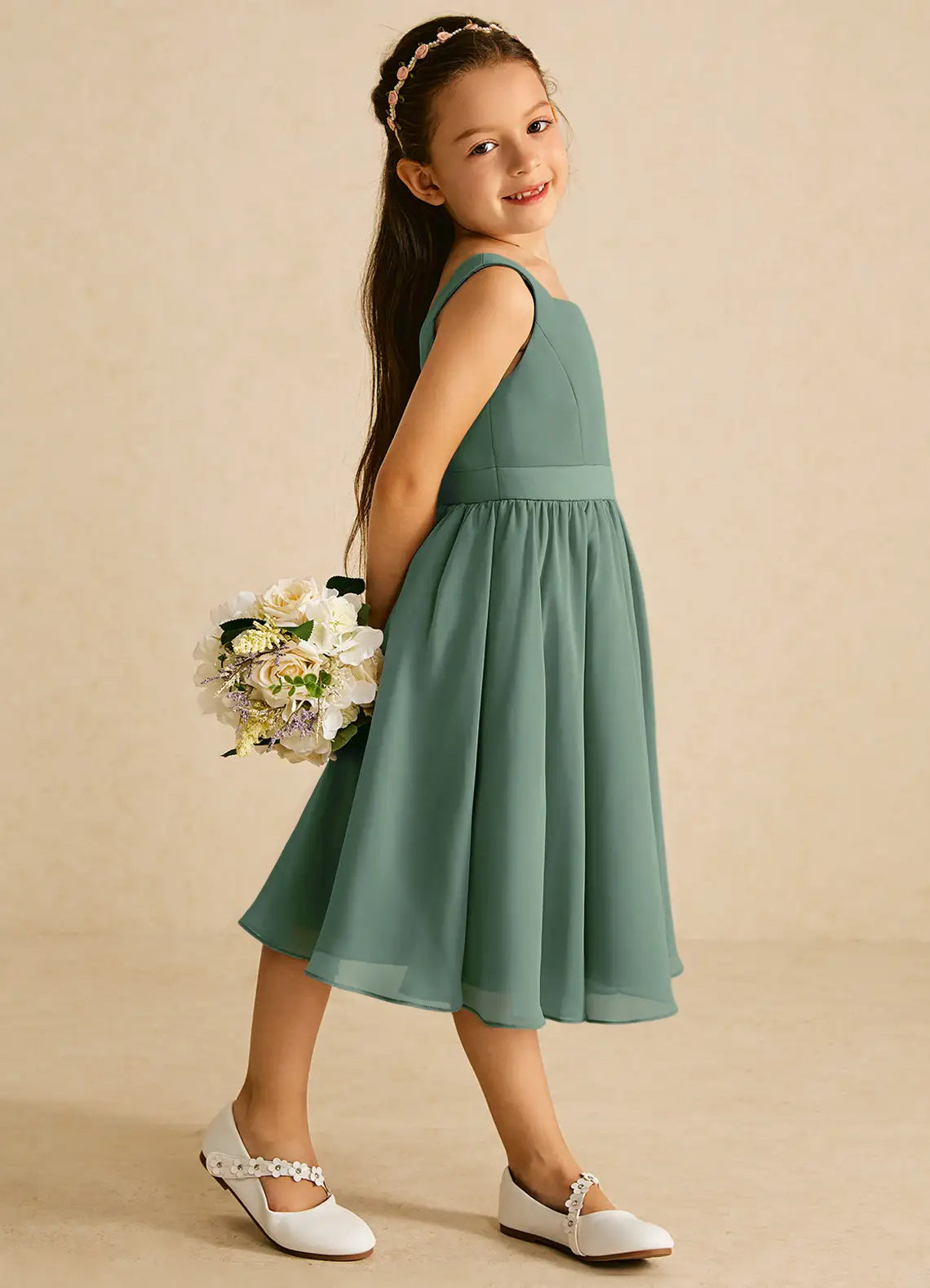 Sleeveless Square U-Back Solid Dusty Sage Chiffon Midi Flower Girl Dresses