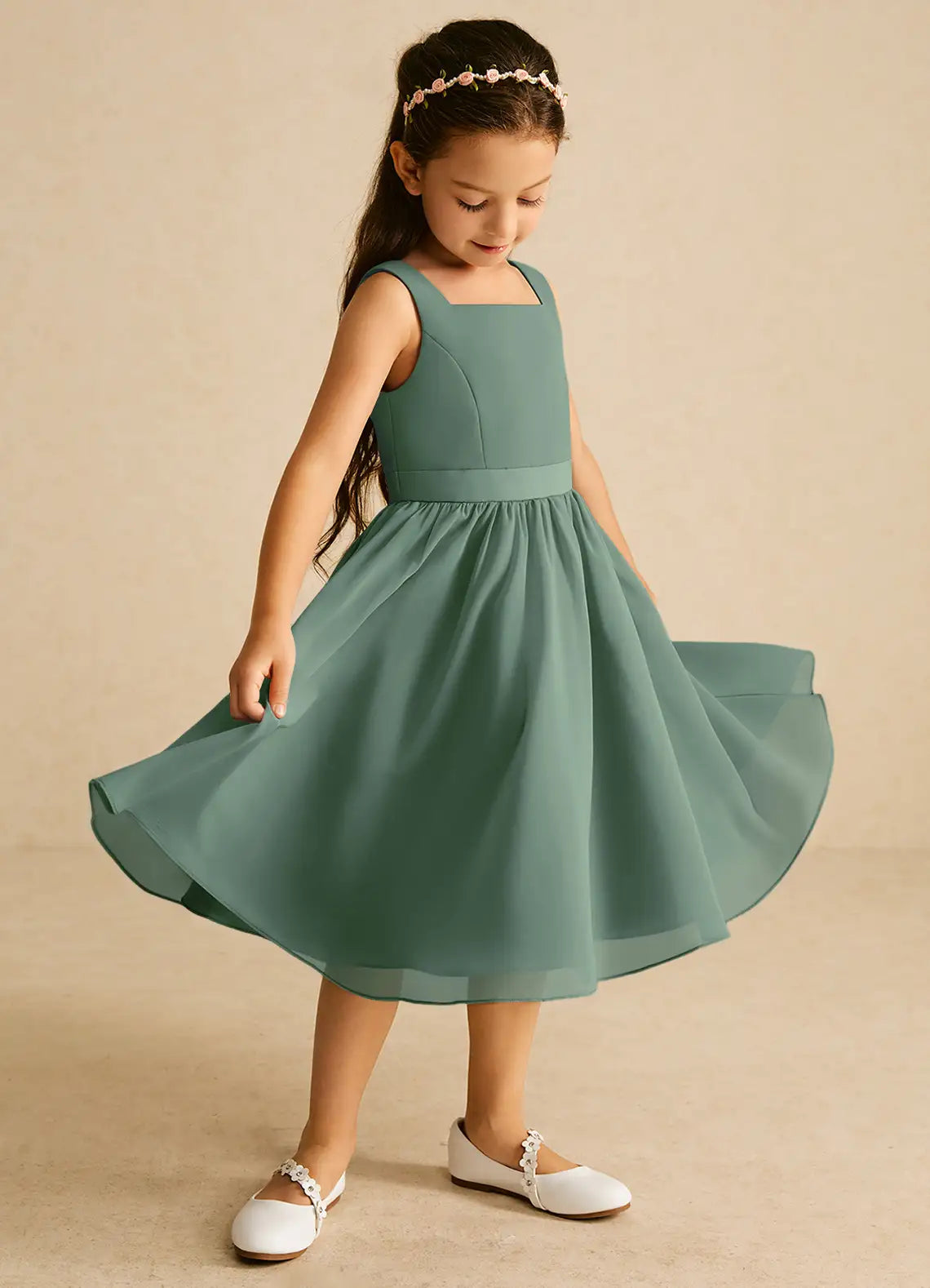 Sleeveless Square U-Back Solid Dusty Sage Chiffon Midi Flower Girl Dresses