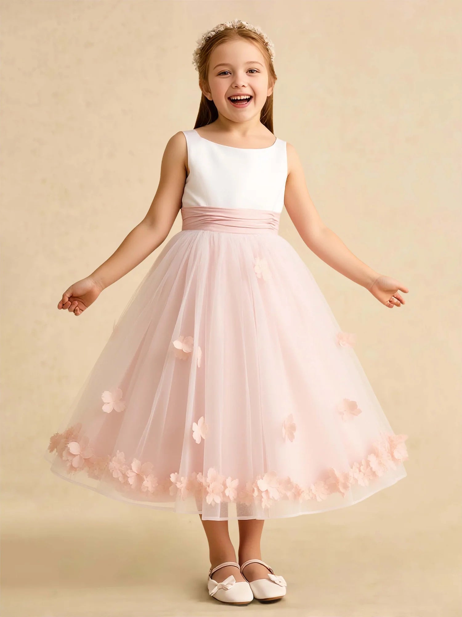 Sleeveless Square V Back Pink Waist Sash All Over 3D Floral Tulle Midi Flower Girl Dresses
