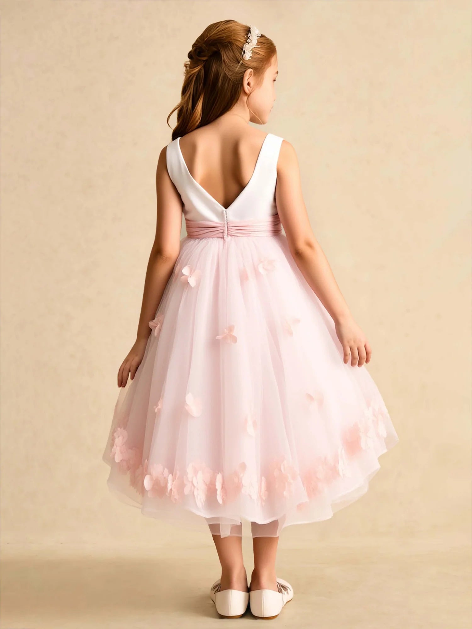 Sleeveless Square V Back Pink Waist Sash All Over 3D Floral Tulle Midi Flower Girl Dresses