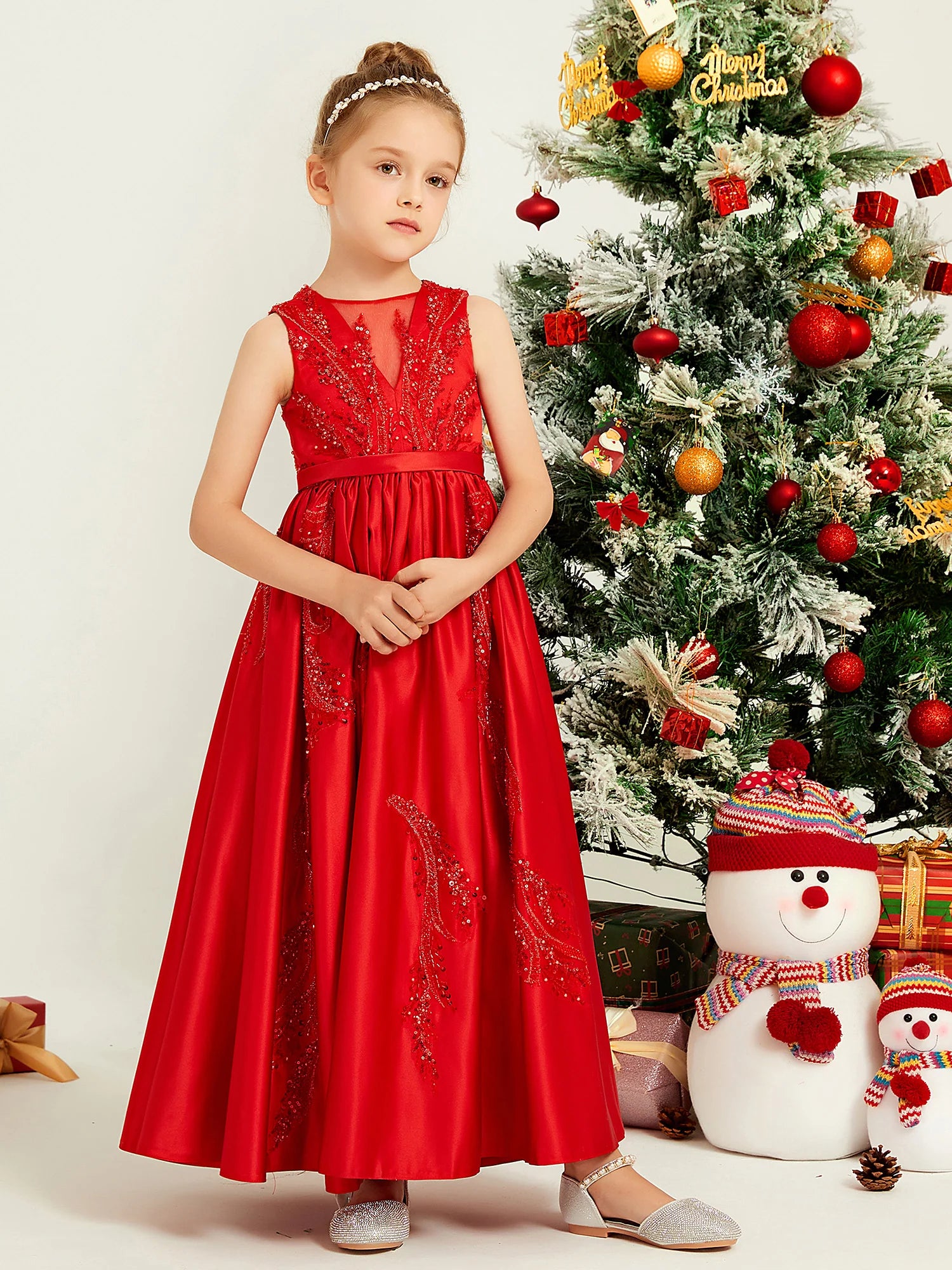 Sleeveless V Mesh Neck Sequin Embroidery Red Satin Midi Length Flower Girl Dresses