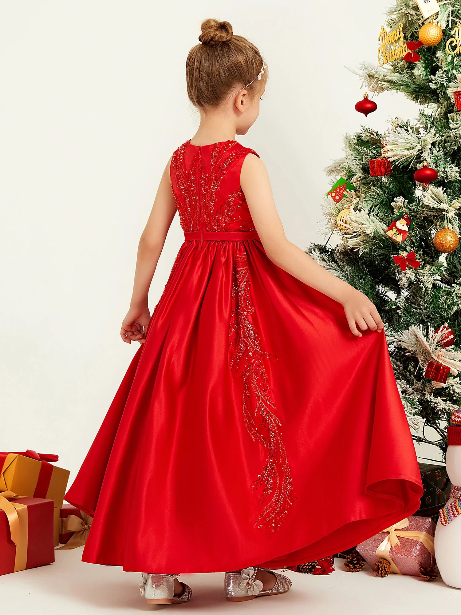Sleeveless V Mesh Neck Sequin Embroidery Red Satin Midi Length Flower Girl Dresses