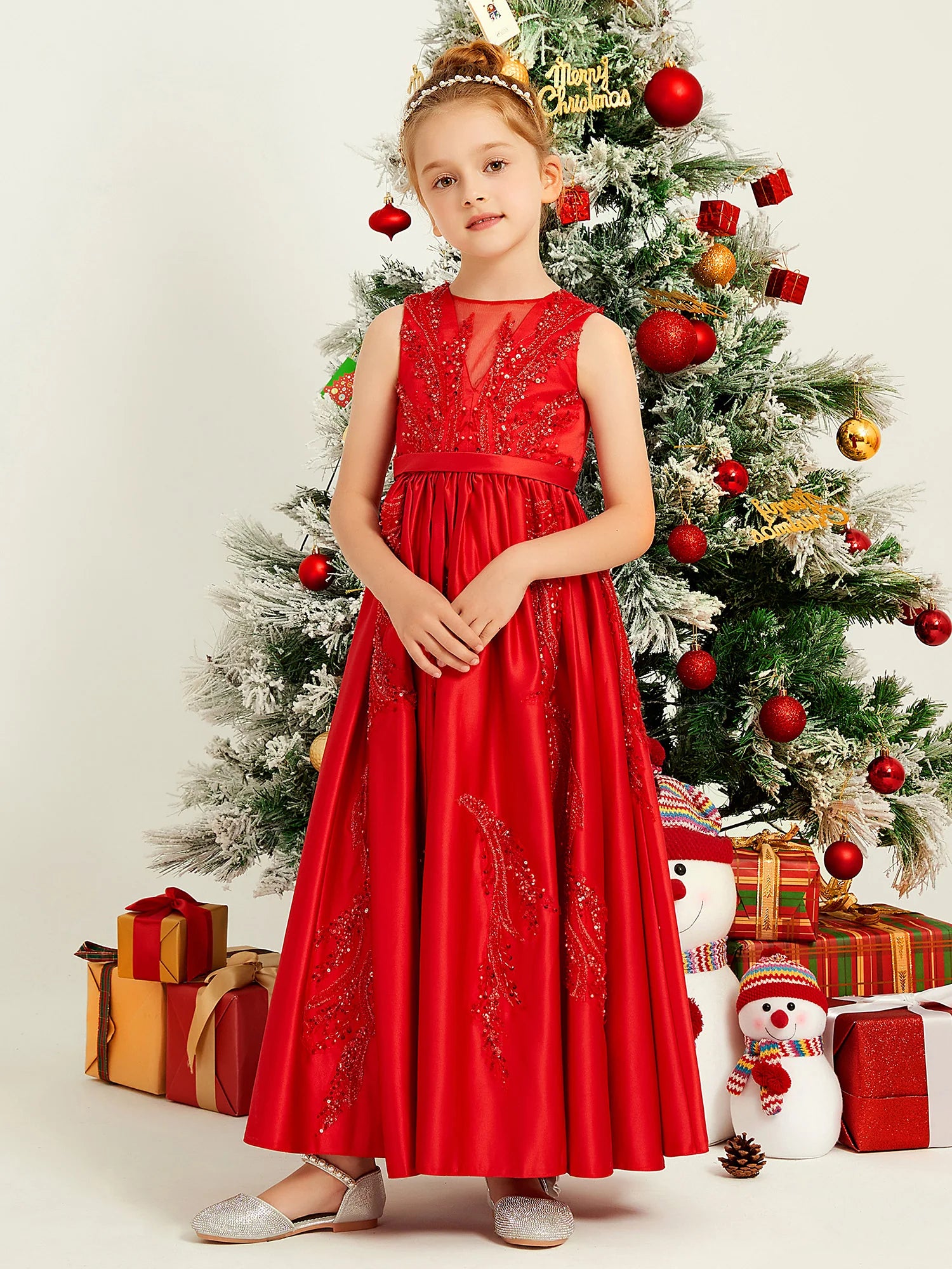 Sleeveless V Mesh Neck Sequin Embroidery Red Satin Midi Length Flower Girl Dresses