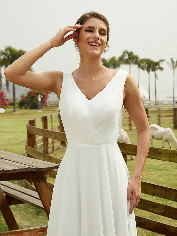 Sleeveless V‑Neck Chiffon A‑Line Wedding Dress With Lace‑Keyhole‑Back Detail