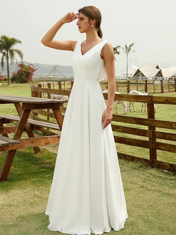 Sleeveless V‑Neck Chiffon A‑Line Wedding Dress With Lace‑Keyhole‑Back Detail