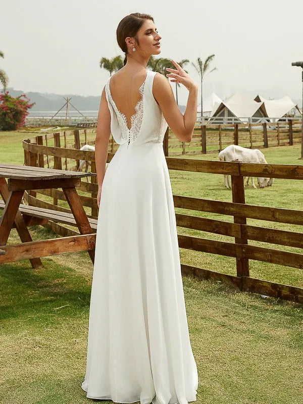 Sleeveless V‑Neck Chiffon A‑Line Wedding Dress With Lace‑Keyhole‑Back Detail