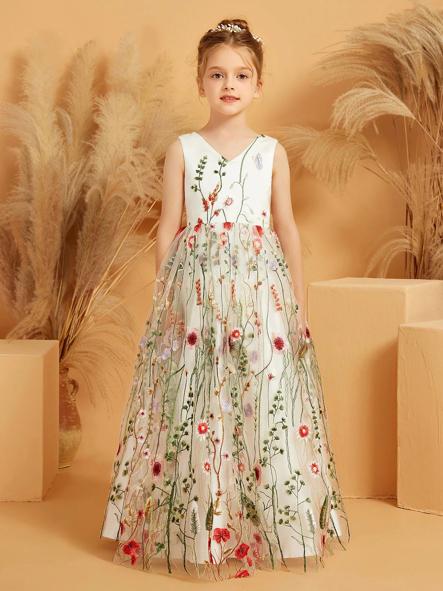 Sleeveless V Neck Colorful Wildflower Embroidery White Tulle Floor Length Flower Girl Dresses