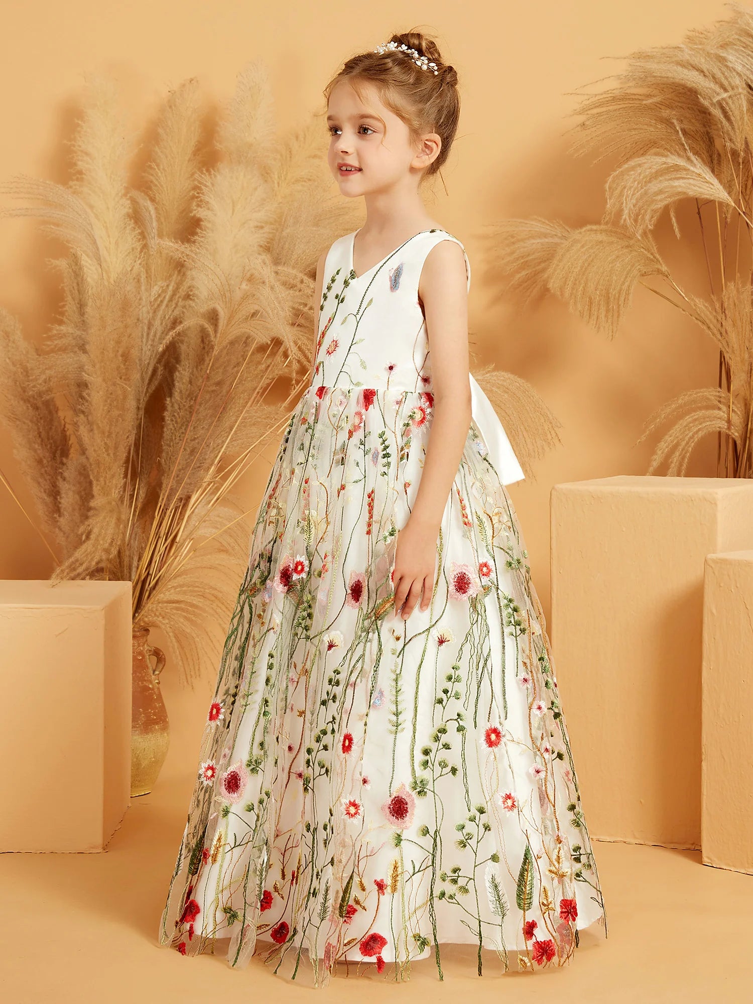 Sleeveless V Neck Colorful Wildflower Embroidery White Tulle Floor Length Flower Girl Dresses