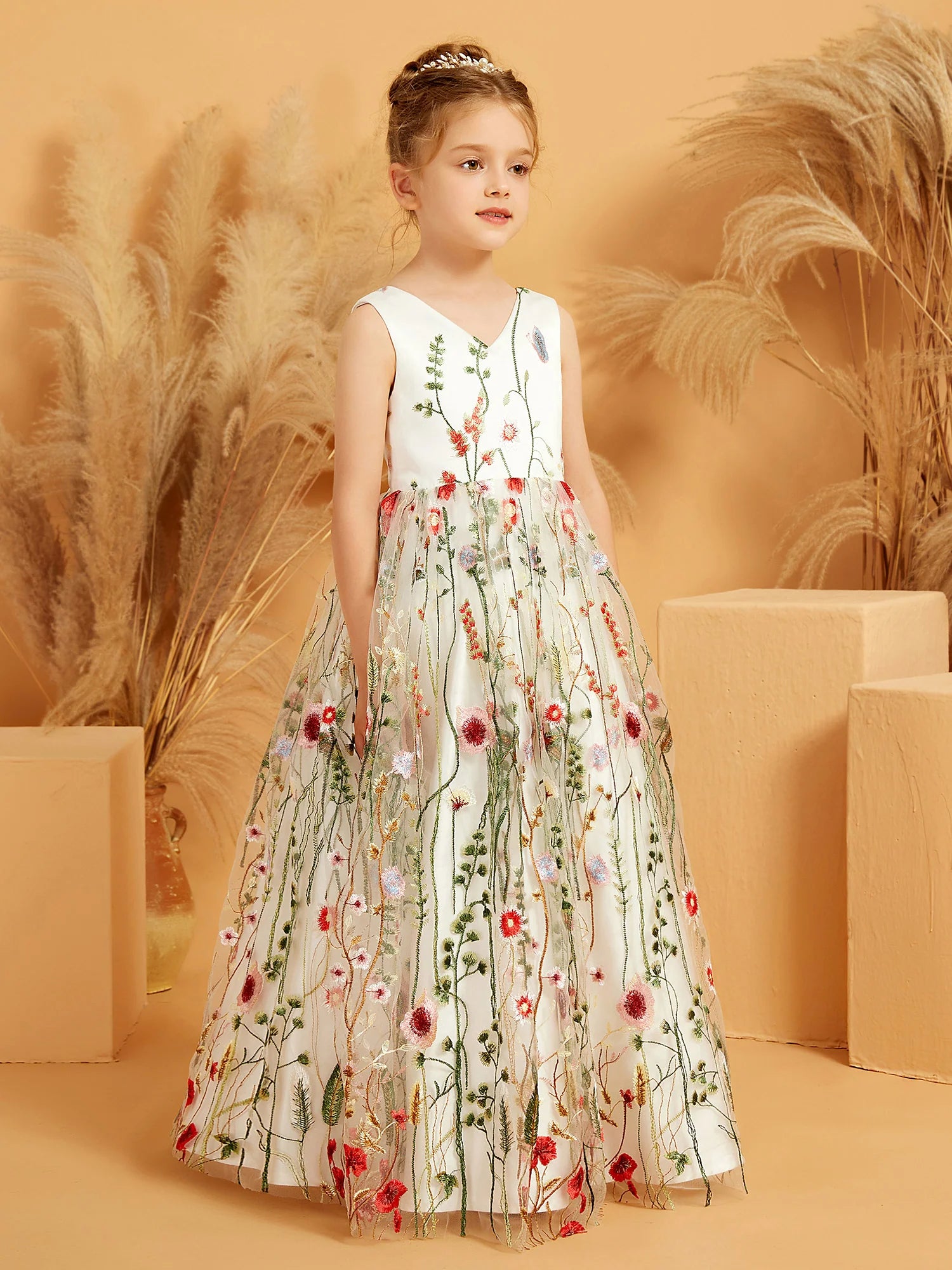 Sleeveless V Neck Colorful Wildflower Embroidery White Tulle Floor Length Flower Girl Dresses