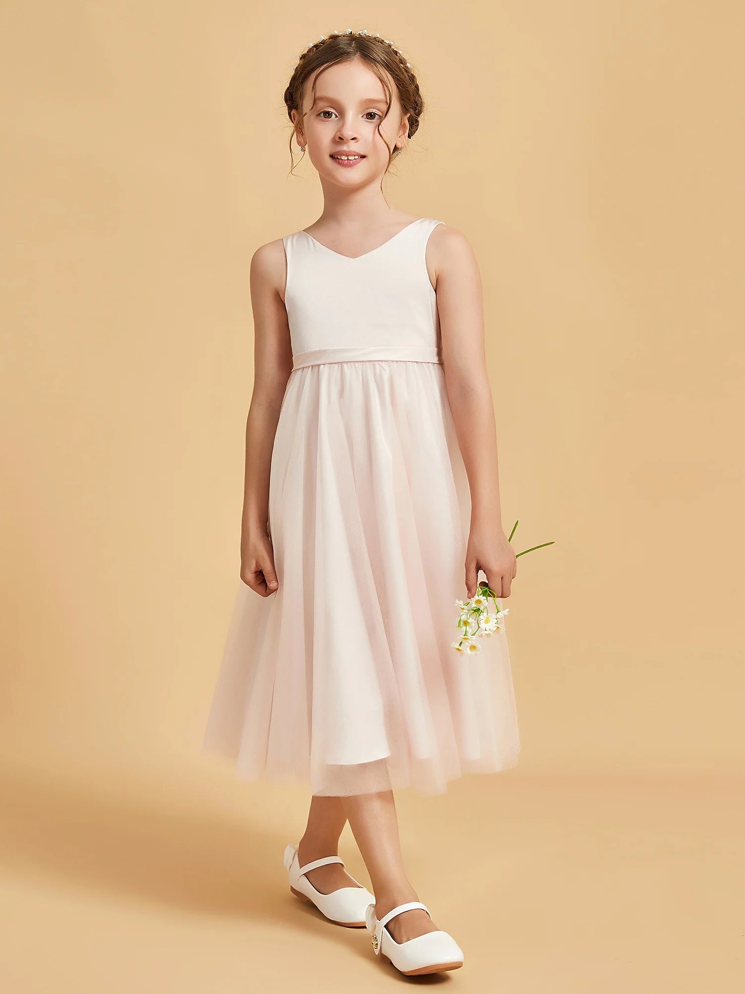Sleeveless V Neck Keyhole Back Double Bow Blush Pink Tulle Midi Length Flower Girl Dresses