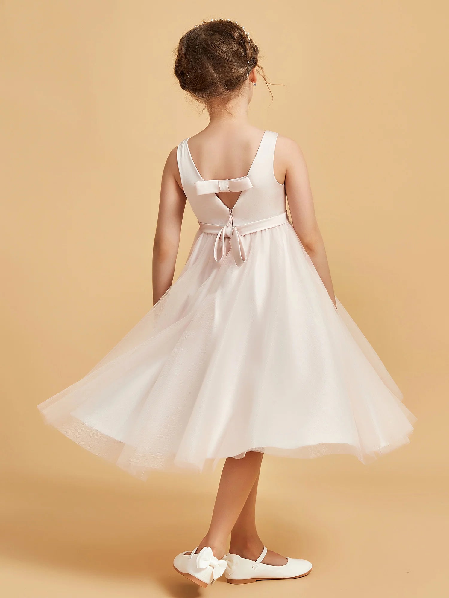 Sleeveless V Neck Keyhole Back Double Bow Blush Pink Tulle Midi Length Flower Girl Dresses